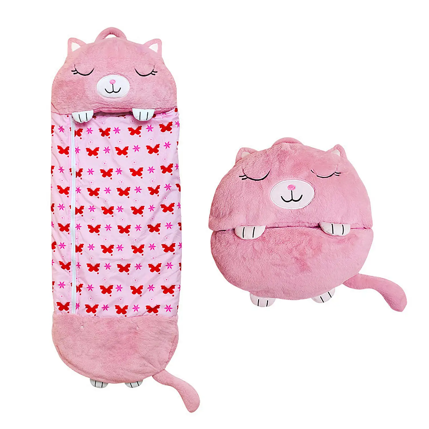 Saco de dormir convertible en almohada para ninos Gatito. Tacto peluche. Pequeno S 128x45cm