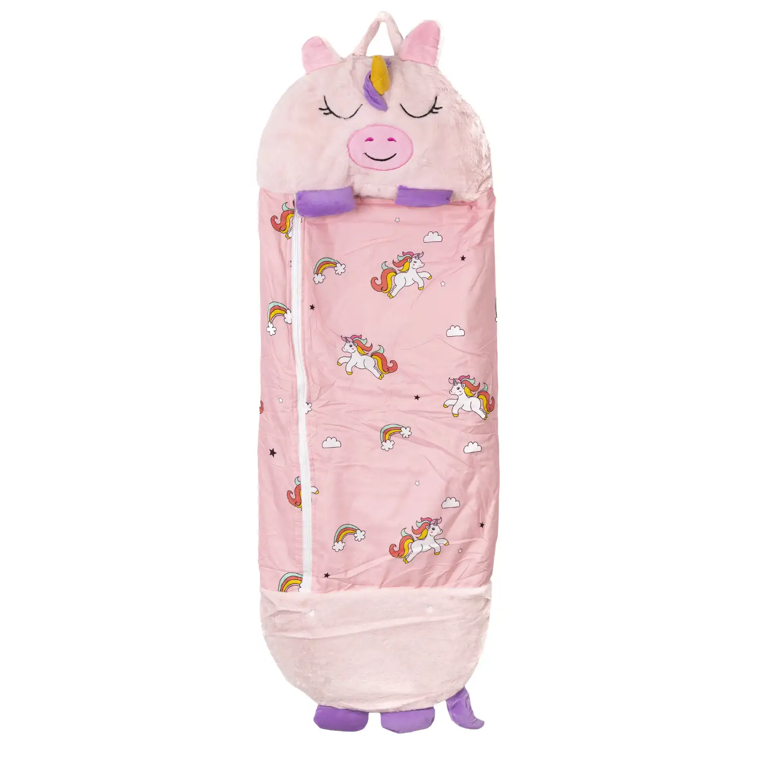 Saco de dormir convertible en almohada, para niños, Cerdicornio Rosa. Tacto peluche. Pequeño / S: 128x45cm.