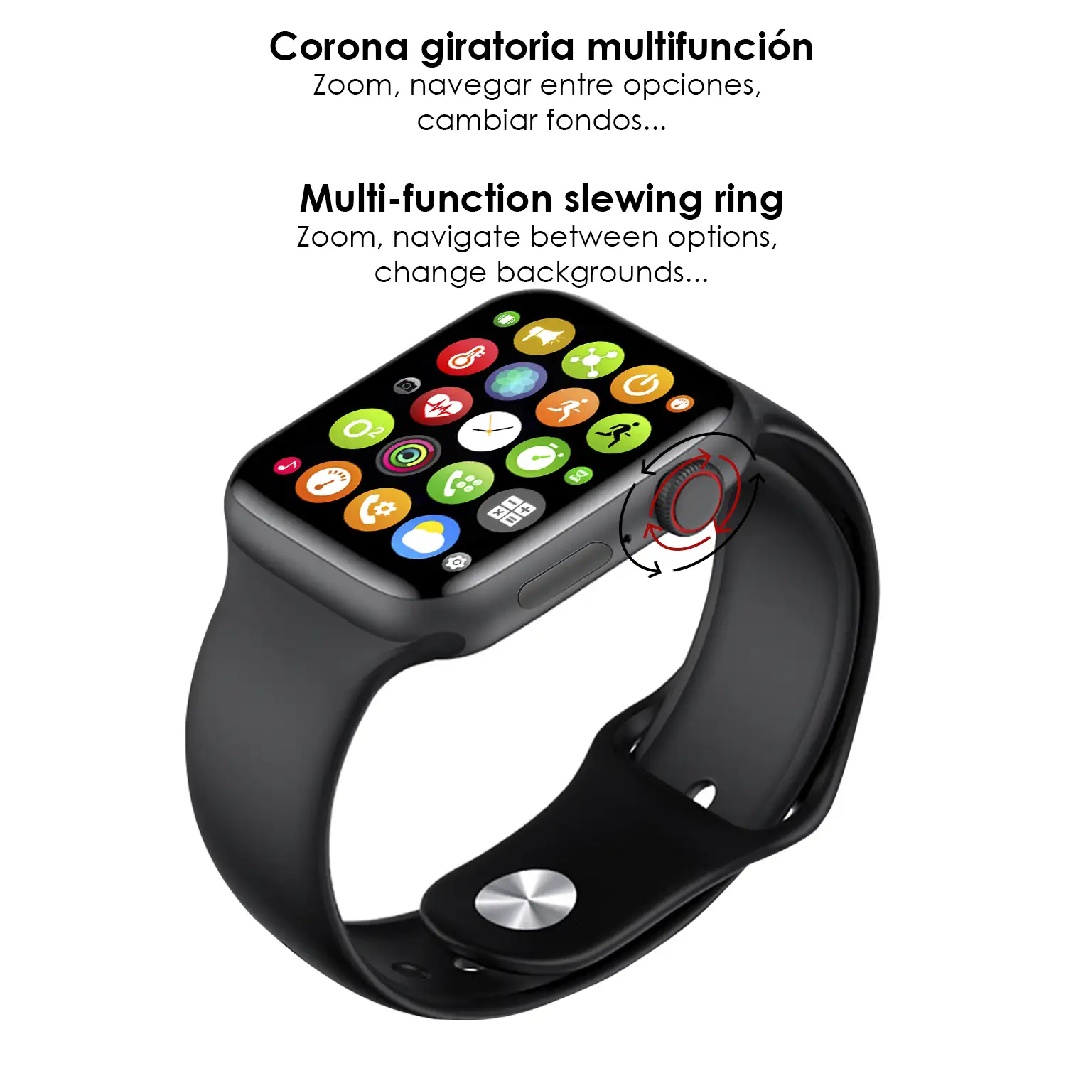 Smartwatch W27 con monitor cardíaco, tensión y de O2 en sangre. Modos deportivos indoor y exteriores. Corona multifunción inteligente.