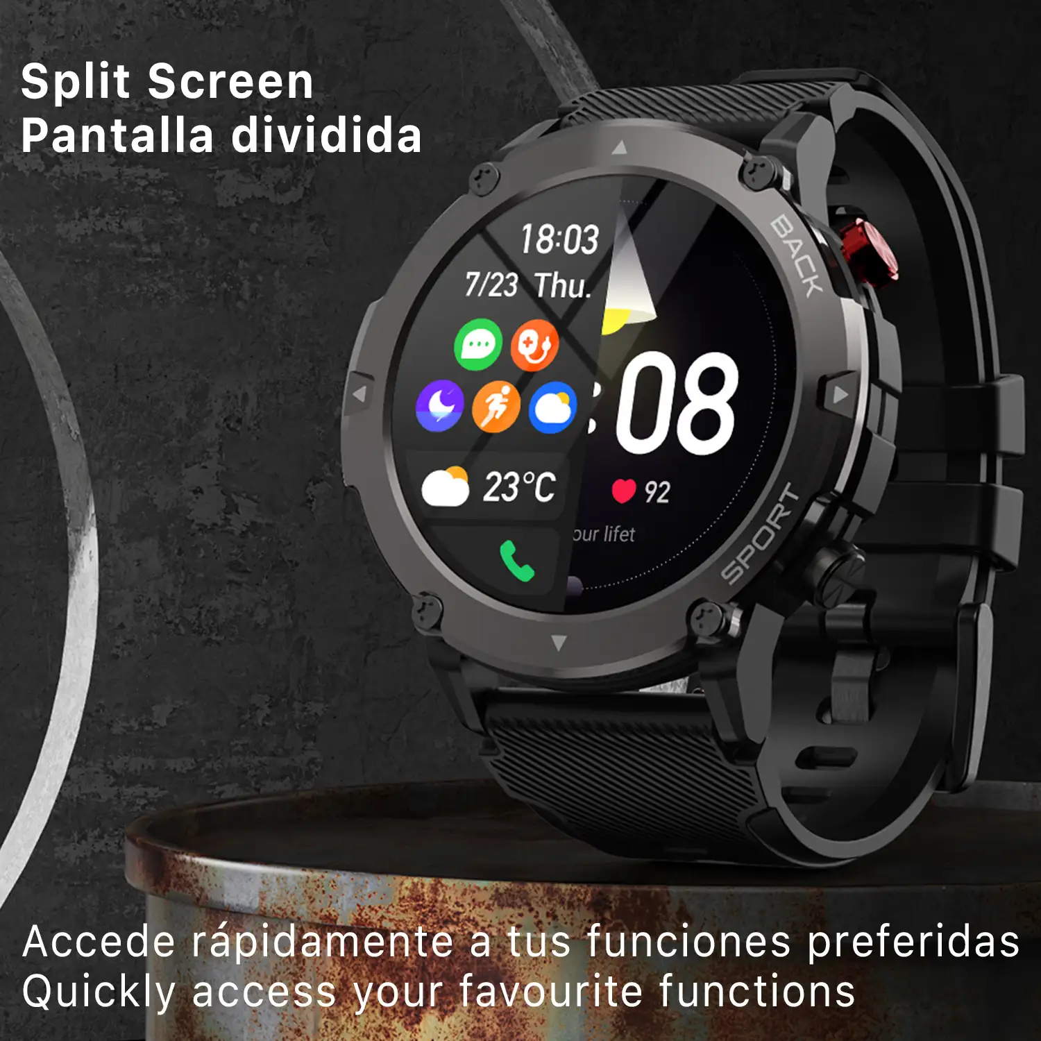 Smartwatch C21 con función de pantalla dividida, 19 modos deportivos. Monitor cardiaco y de O2.
