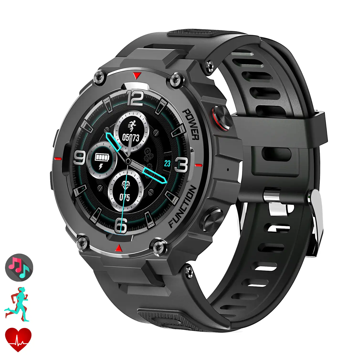 Smartwatch F26 outdoor. Sumergible 30 m, resistencia a temperaturas extremas. Reproductor musical y memoria interna, 10 modos deportivos.