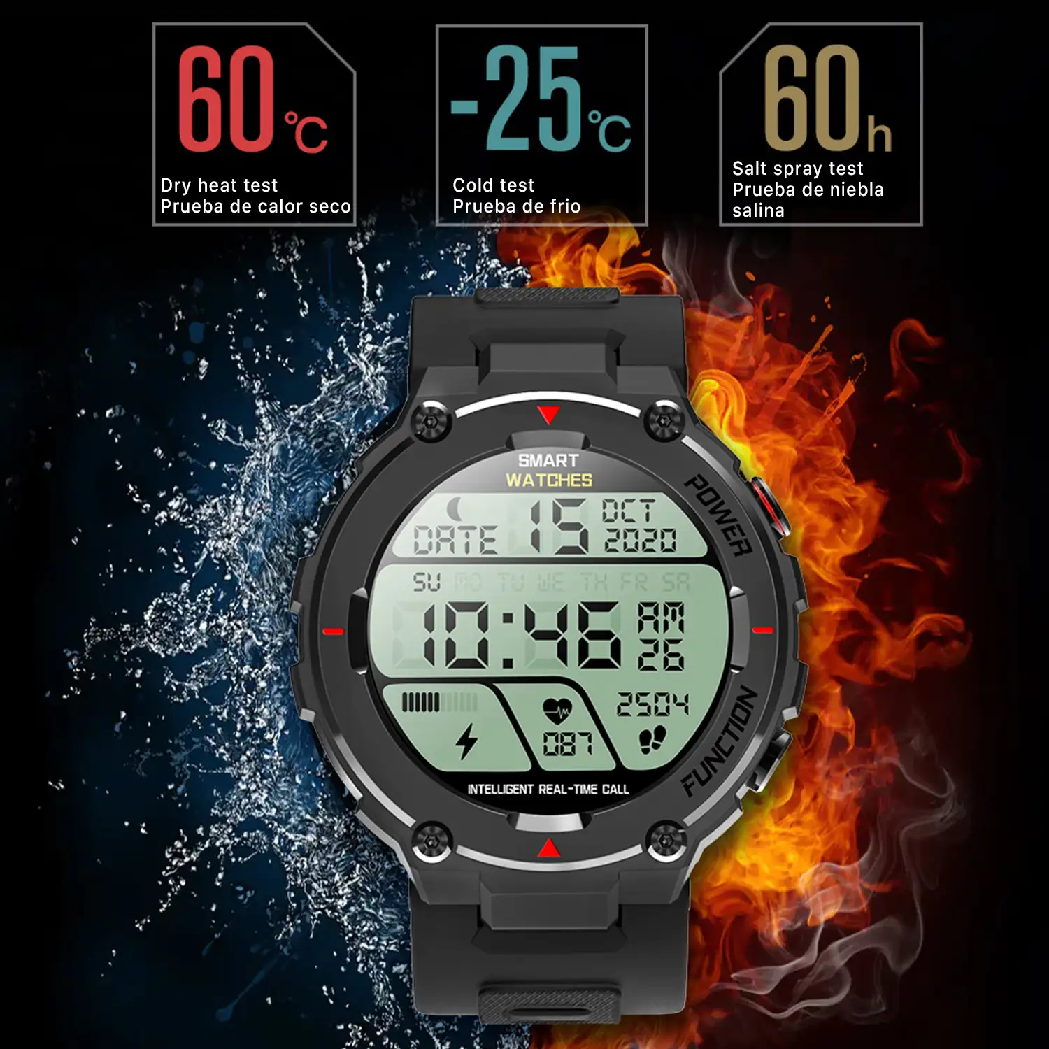 Smartwatch F26 outdoor. Sumergible 30 m, resistencia a temperaturas extremas. Reproductor musical y memoria interna, 10 modos deportivos.