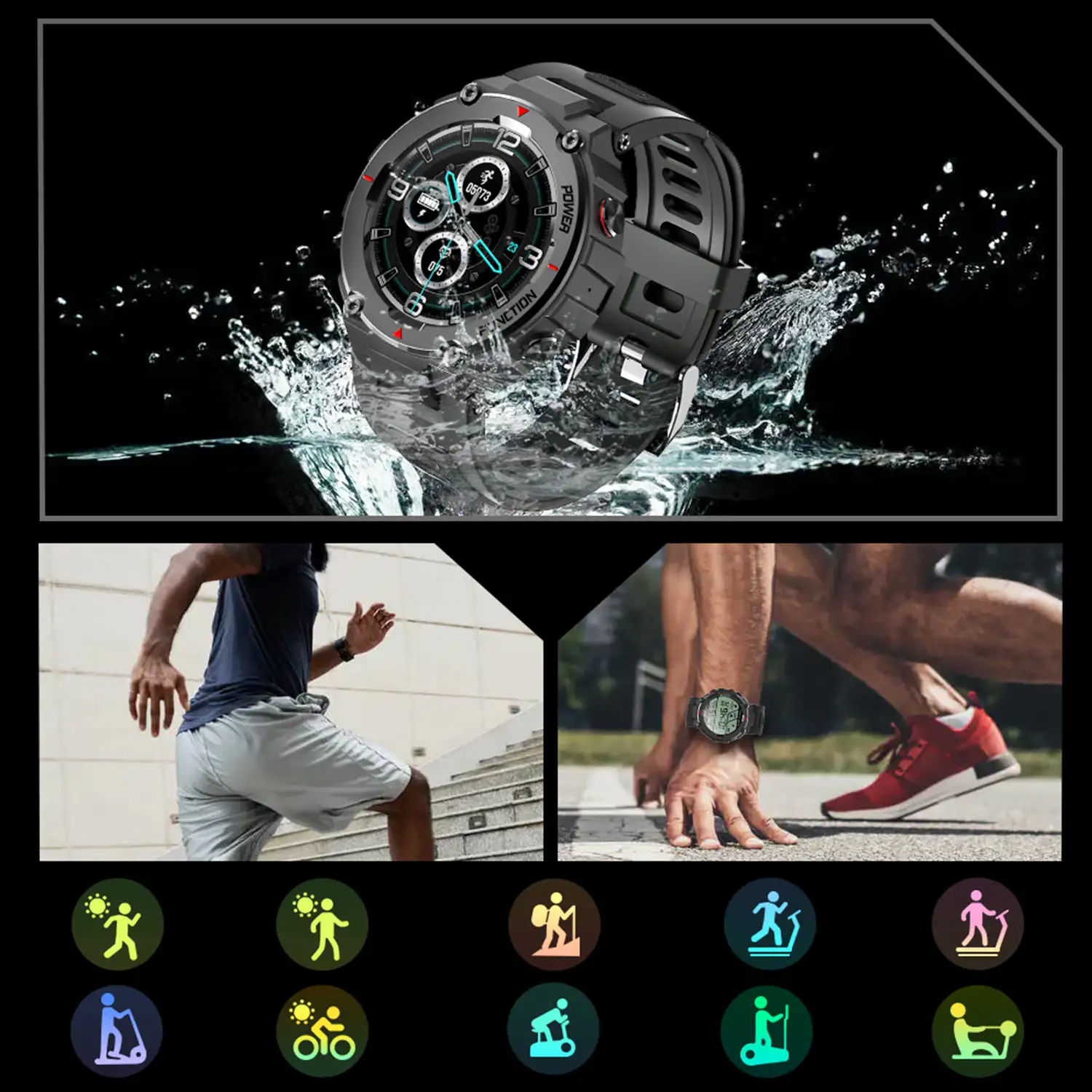 Smartwatch F26 outdoor. Sumergible 30 m, resistencia a temperaturas extremas. Reproductor musical y memoria interna, 10 modos deportivos.