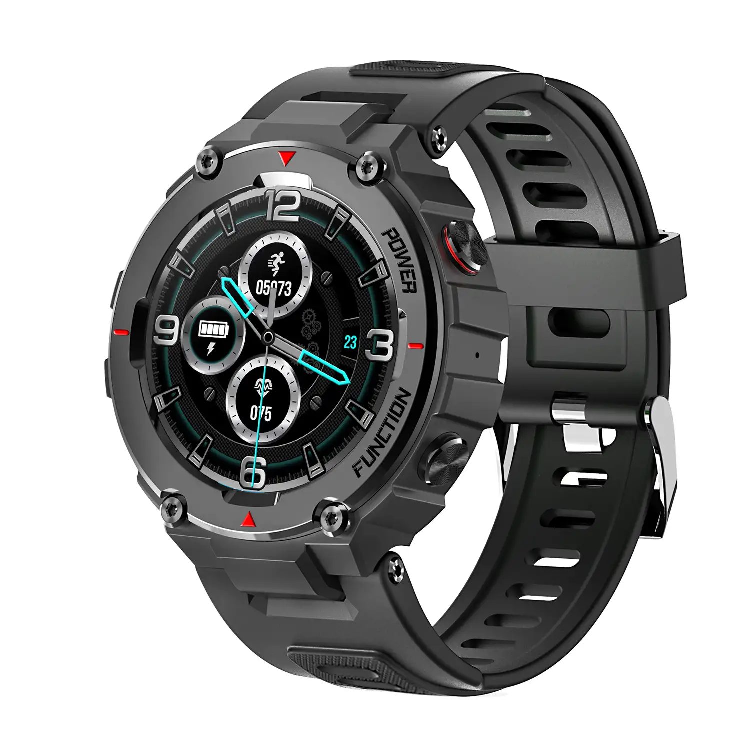 Smartwatch F26 outdoor. Sumergible 30 m, resistencia a temperaturas extremas. Reproductor musical y memoria interna, 10 modos deportivos.