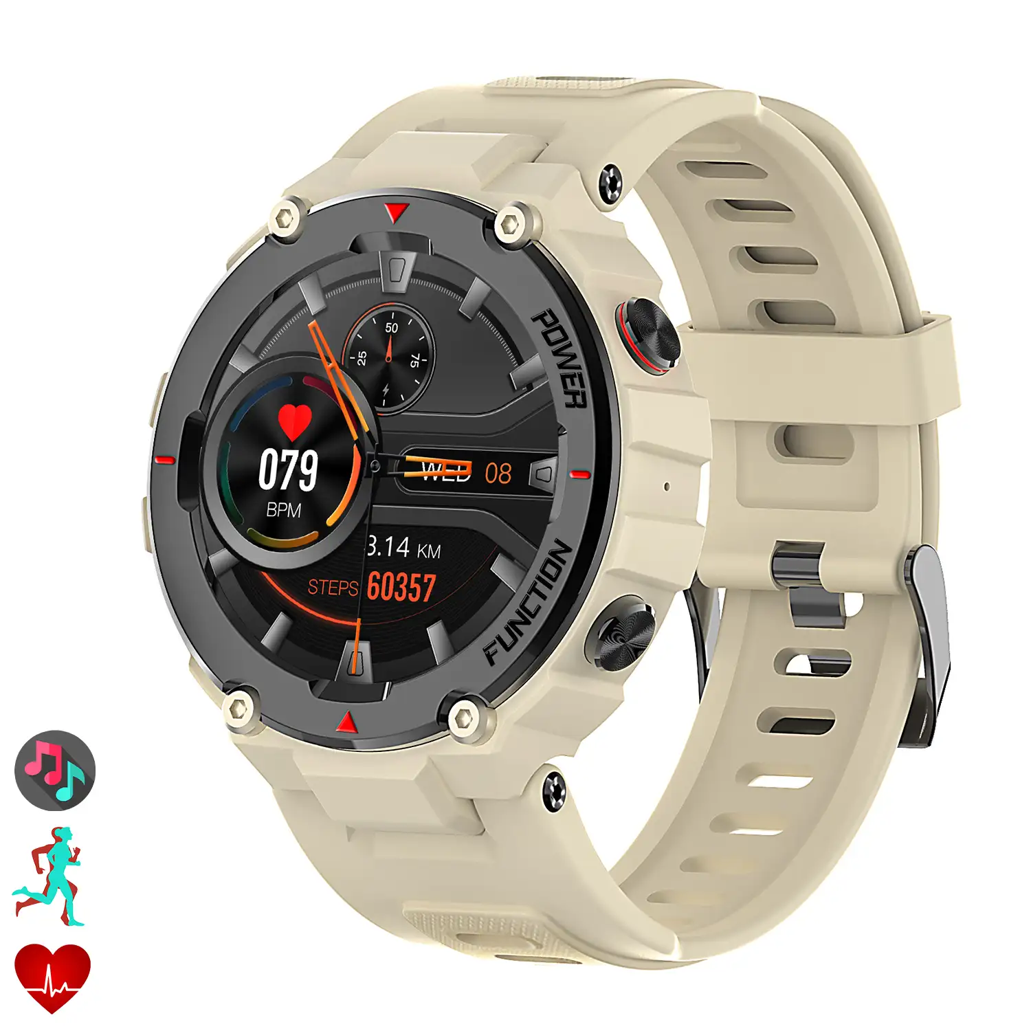 Smartwatch F26 outdoor. Sumergible 30 m, resistencia a temperaturas extremas. Reproductor musical y memoria interna, 10 modos deportivos.