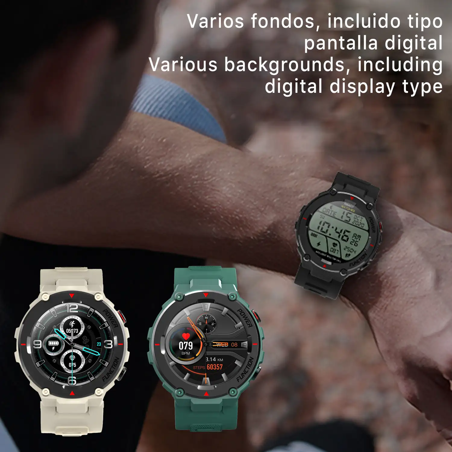 Smartwatch F26 outdoor. Sumergible 30 m, resistencia a temperaturas extremas. Reproductor musical y memoria interna, 10 modos deportivos.