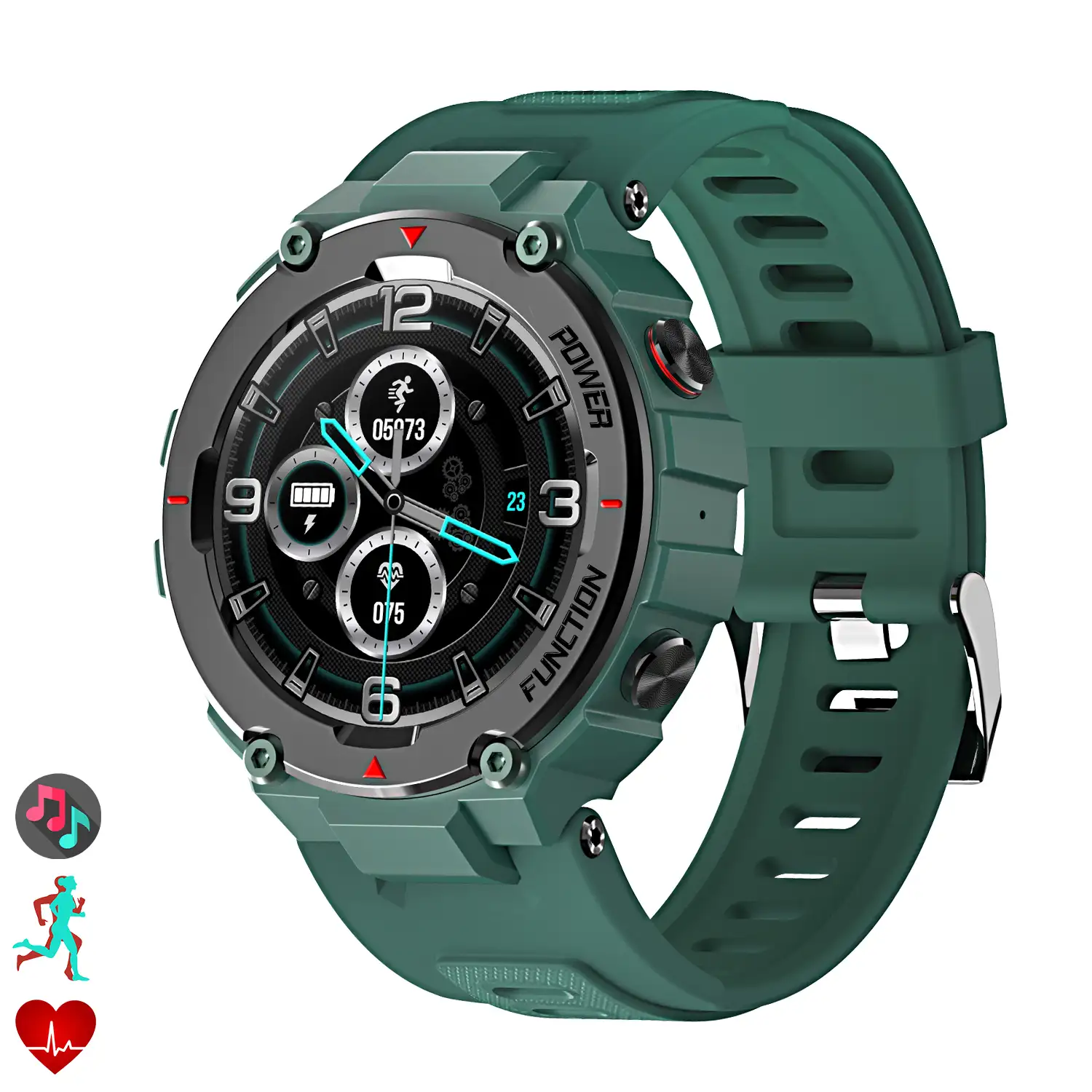 Smartwatch F26 outdoor. Sumergible 30 m, resistencia a temperaturas extremas. Reproductor musical y memoria interna, 10 modos deportivos.