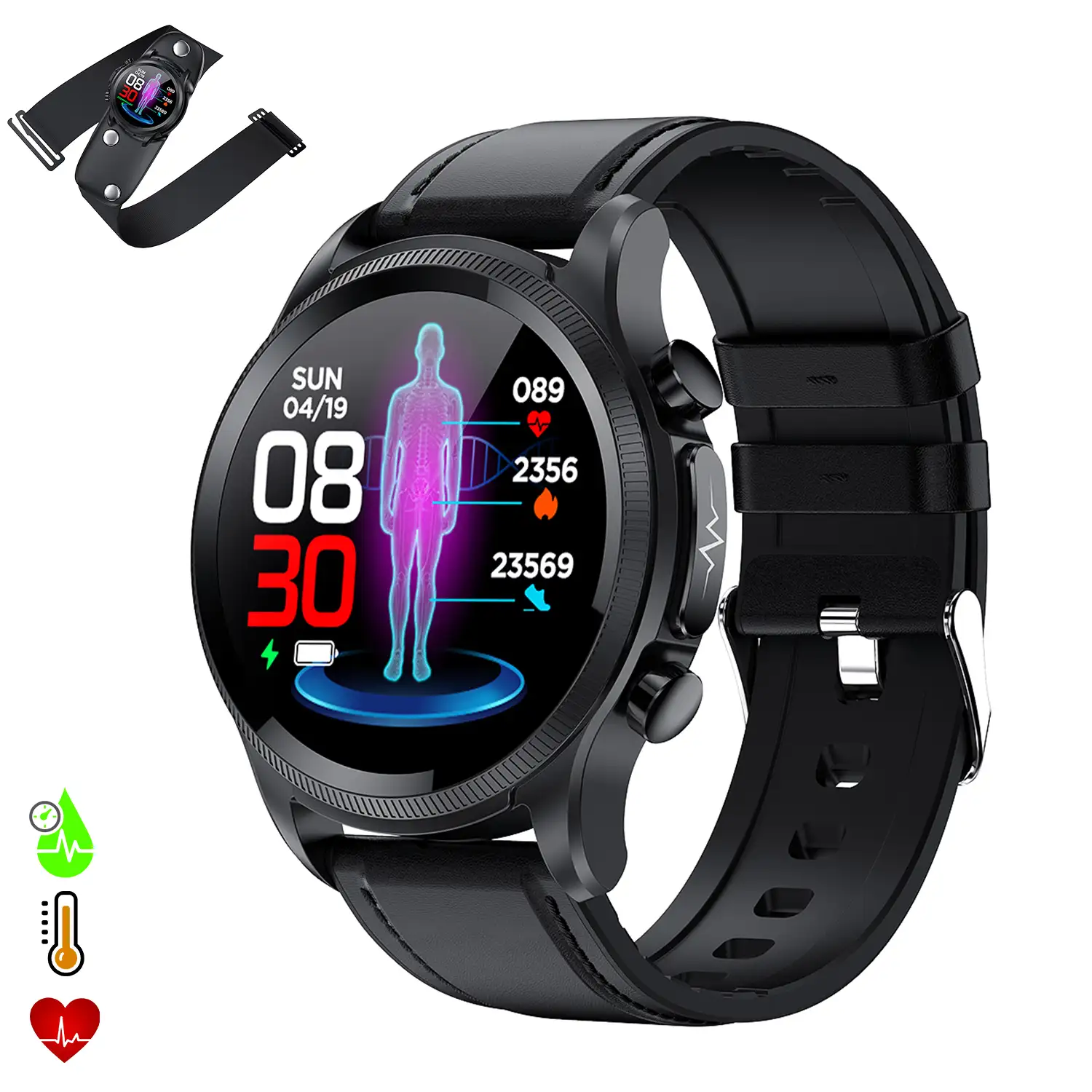 Smartwatch E400 con detección de glucosa en sangre, monitor de tensión y O2. ECG con medición en pecho. Correa de cuero.
