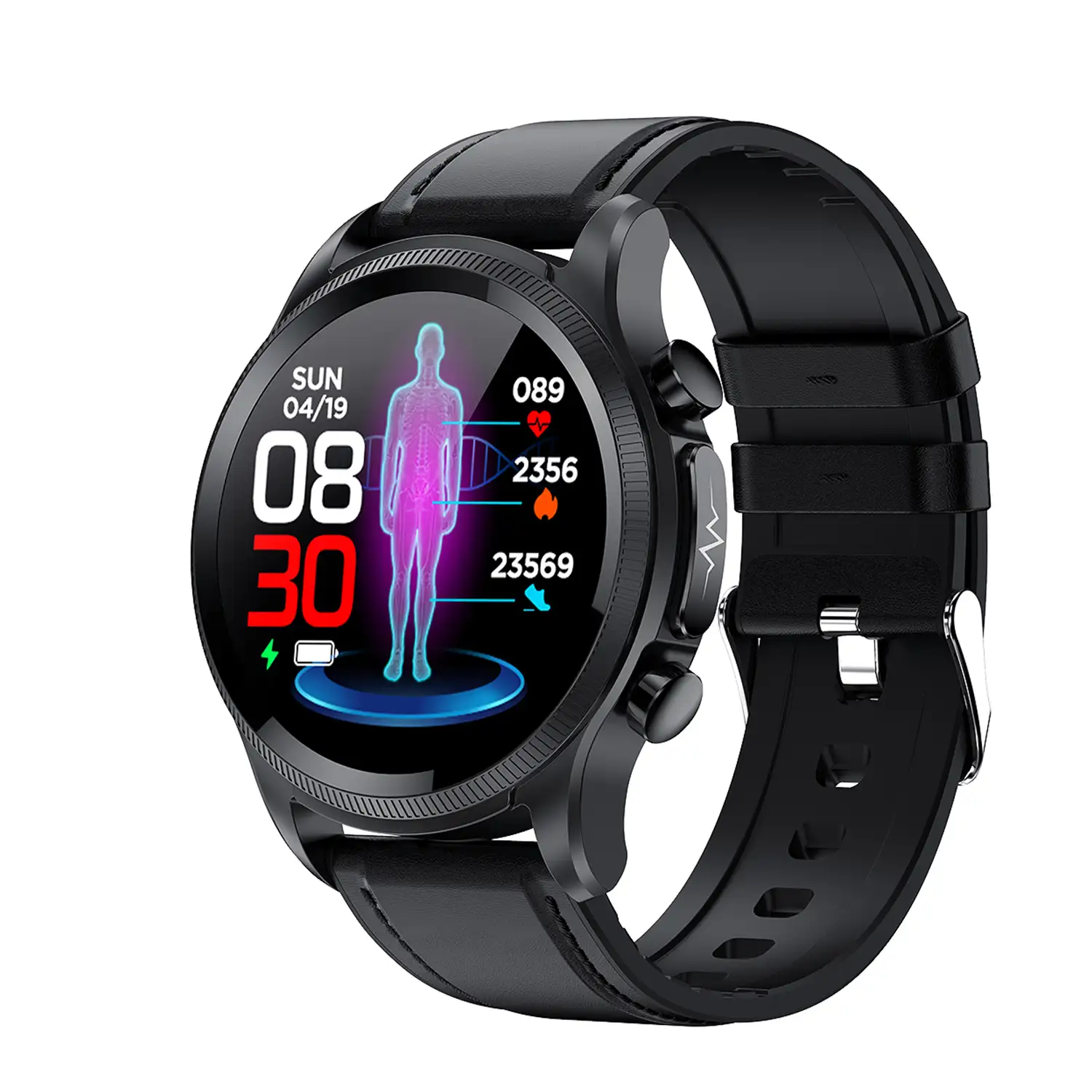 Smartwatch E400 con detección de glucosa en sangre, monitor de tensión y O2. ECG con medición en pecho. Correa de cuero.