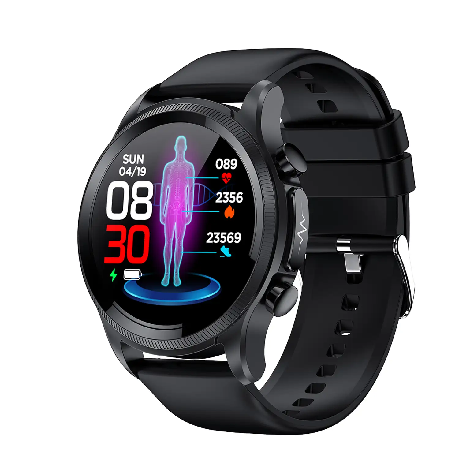 Smartwatch E400 con detección de glucosa en sangre, monitor de tensión y O2. ECG con medición en pecho.