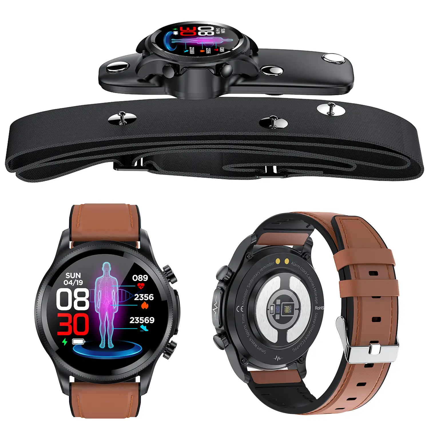 Smartwatch E400 con detección de glucosa en sangre, monitor de tensión y O2. ECG con medición en pecho. Correa de cuero.
