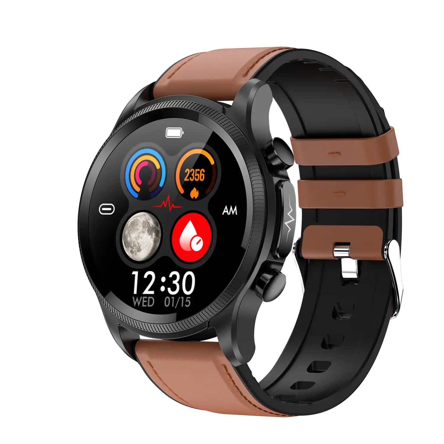 Smartwatch E400 con detección de glucosa en sangre, monitor de tensión y O2. ECG con medición en pecho. Correa de cuero.