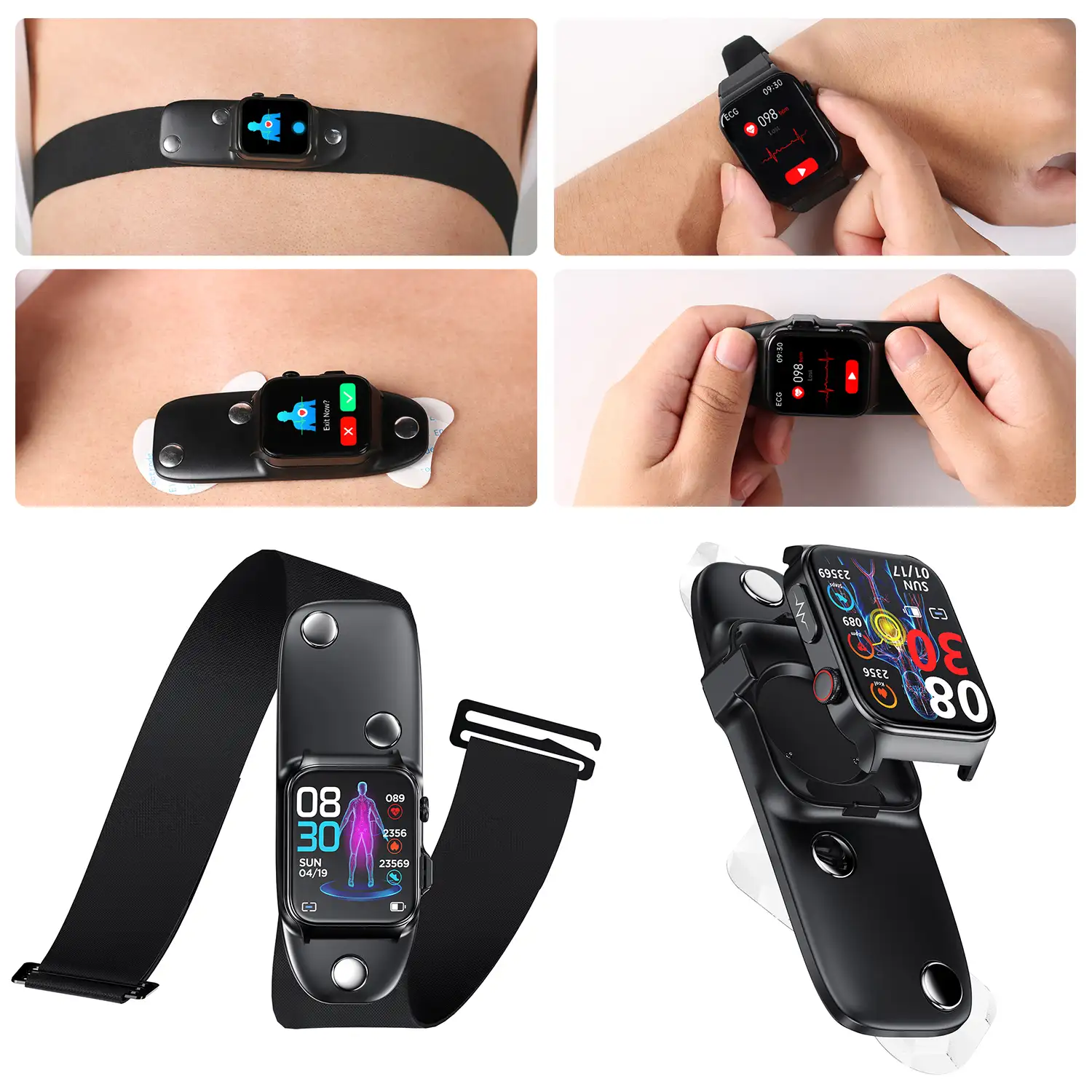 Smartwatch E500 con detección de glucosa en sangre, monitor de tensión y O2. ECG con medición en pecho. Pantalla de 1,8. Correa de cuero.