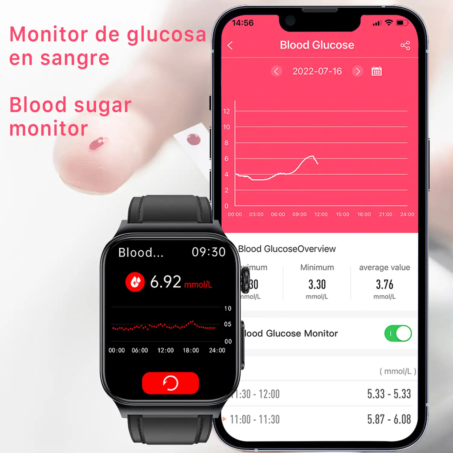 Smartwatch E500 con detección de glucosa en sangre, monitor de tensión y O2. ECG con medición en pecho. Pantalla de 1,8. Correa de cuero.