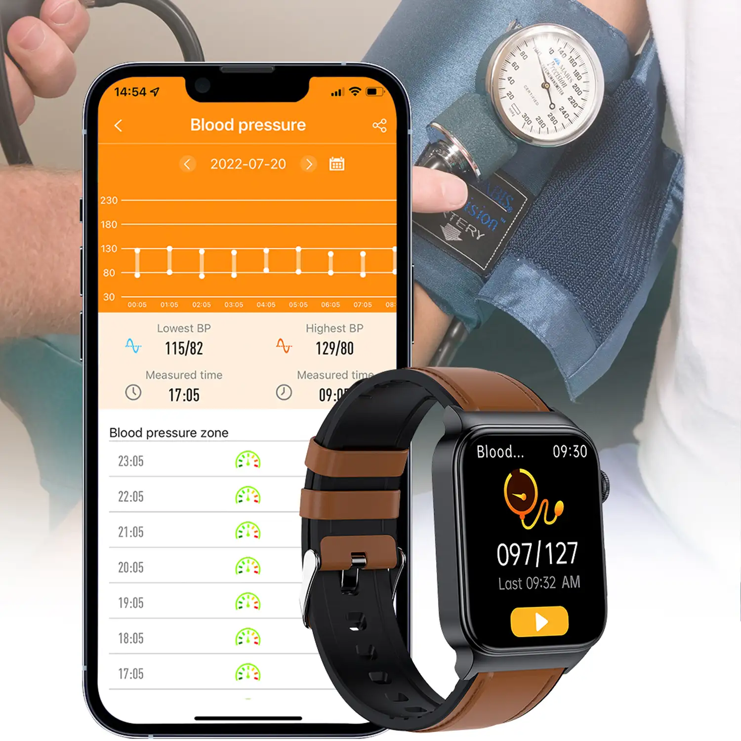 Smartwatch E500 con detección de glucosa en sangre, monitor de tensión y O2. ECG con medición en pecho. Pantalla de 1,8.