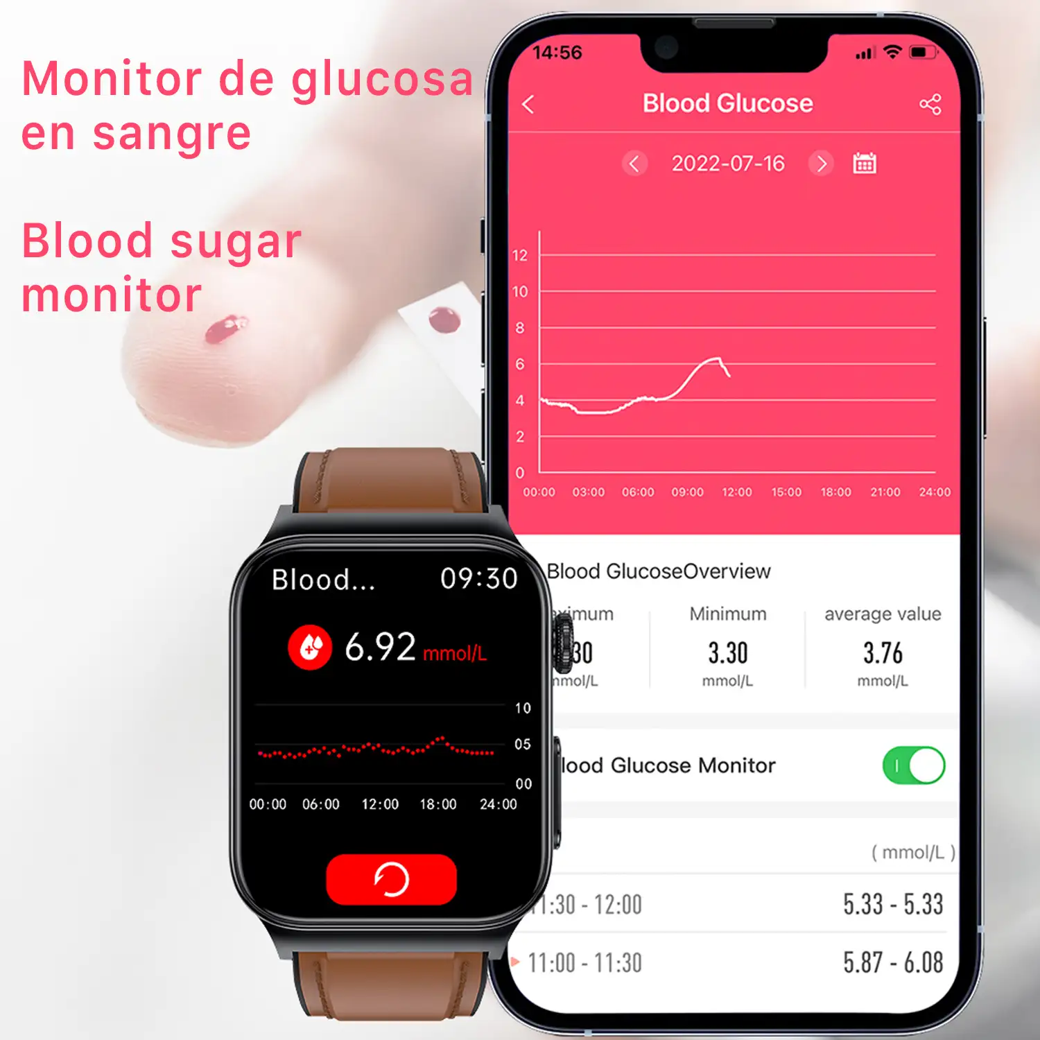 Smartwatch E500 con detección de glucosa en sangre, monitor de tensión y O2. ECG con medición en pecho. Pantalla de 1,8.