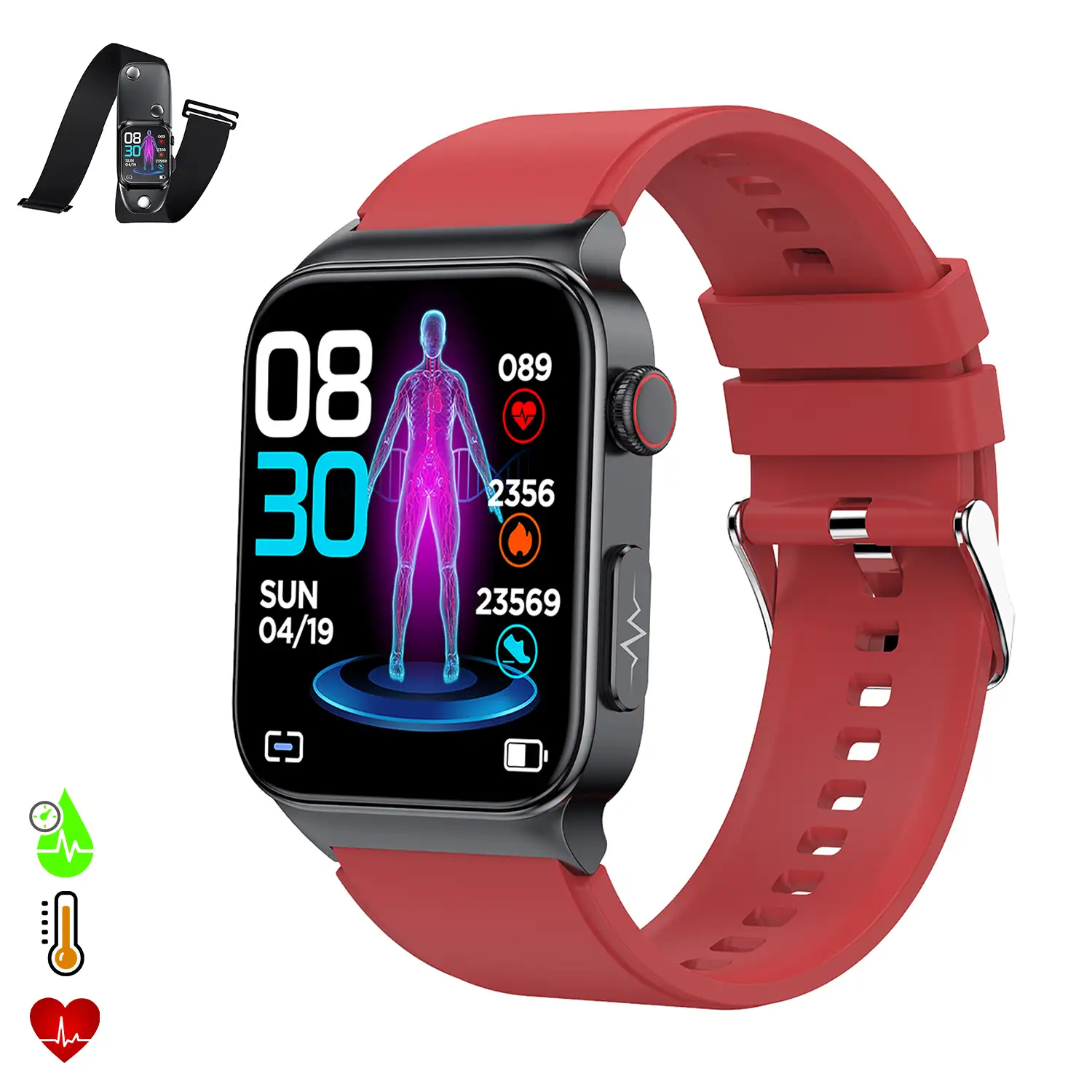 Smartwatch E500 con deteccion de glucosa en sangre monitor de tension y O2. ECG con medicion
