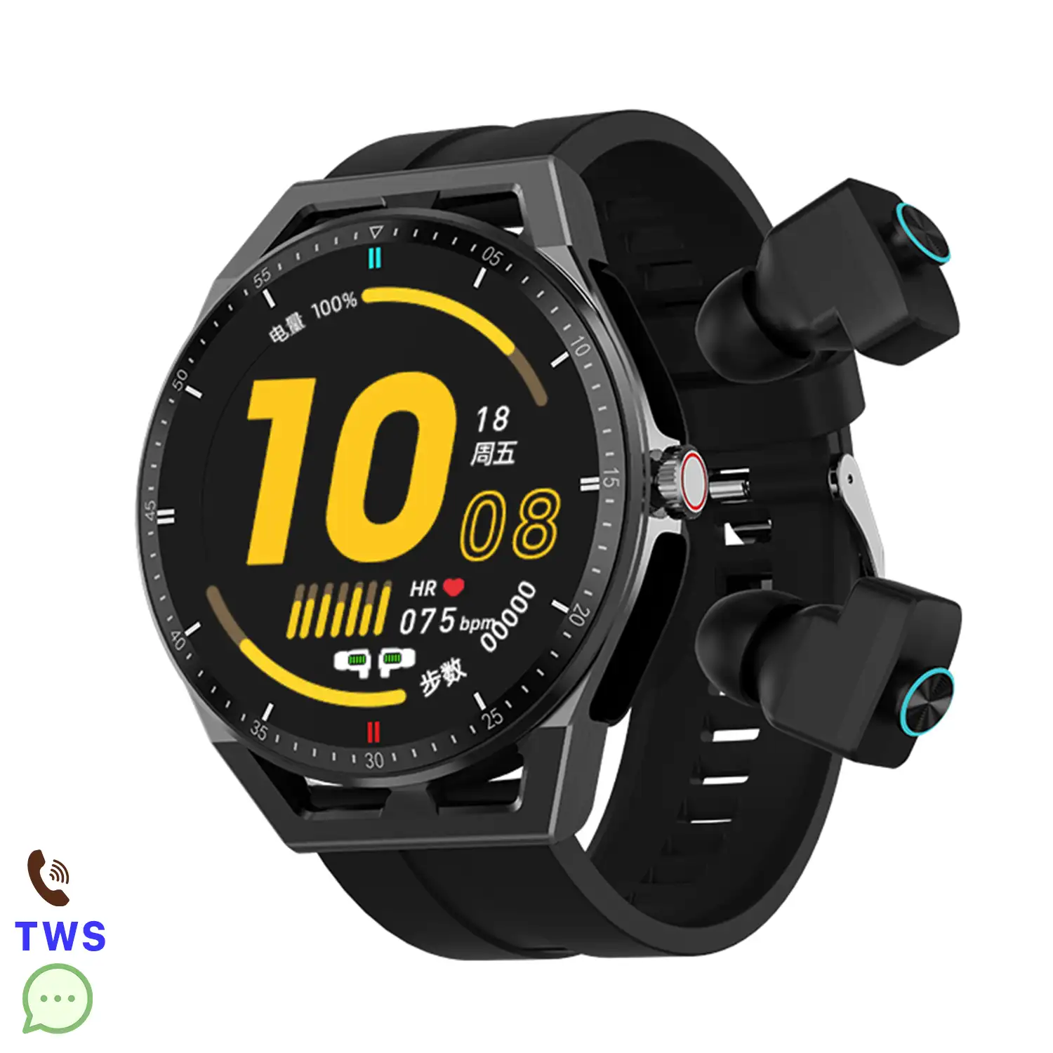 Smartwatch T20 con auriculares TWS integrados. Monitor de tensión y O2 en sangre. Notificaciones de Apps.