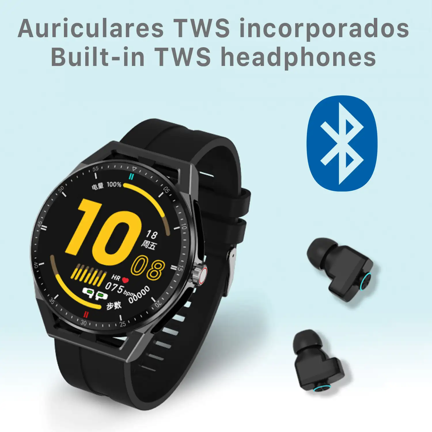 Smartwatch T20 con auriculares TWS integrados. Monitor de tensión y O2 en sangre. Notificaciones de Apps.
