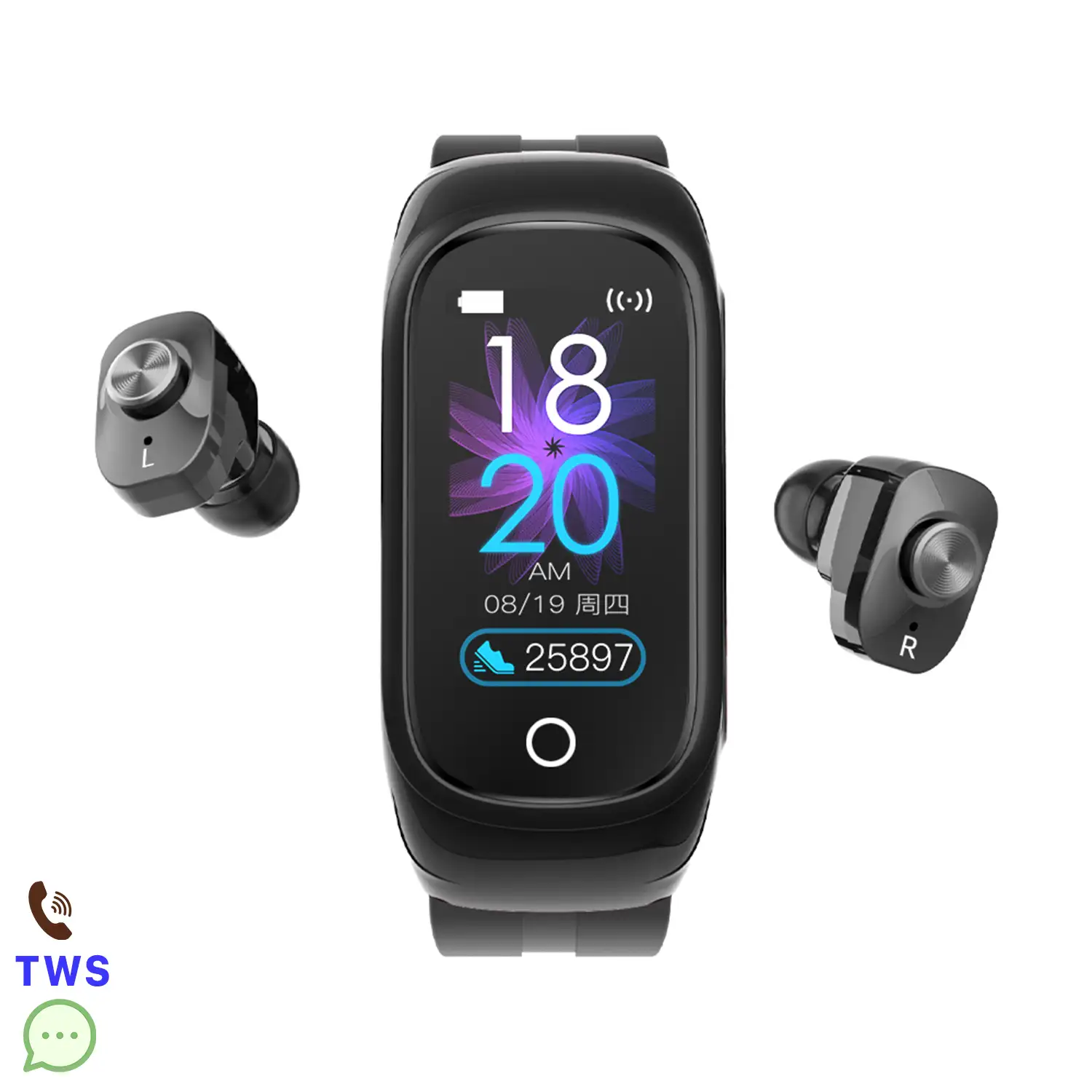 Brazalete inteligente N8 con auriculares TWS integrados. Monitor de tensión, 8 modos deportivos.