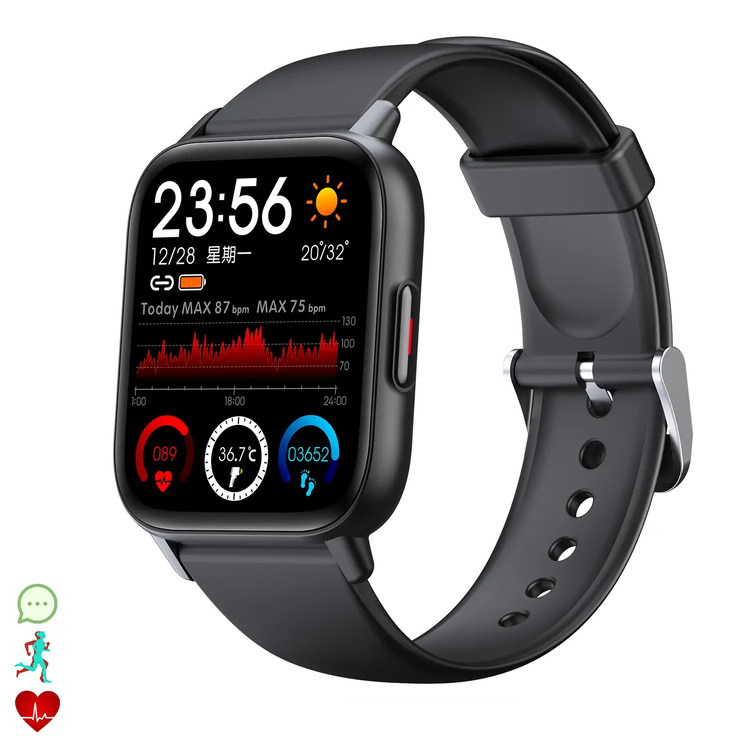 Smartwatch QS16 con termómetro corporal, monitor de tensión y O2. 24 modos deportivos, notificaciones de apps.