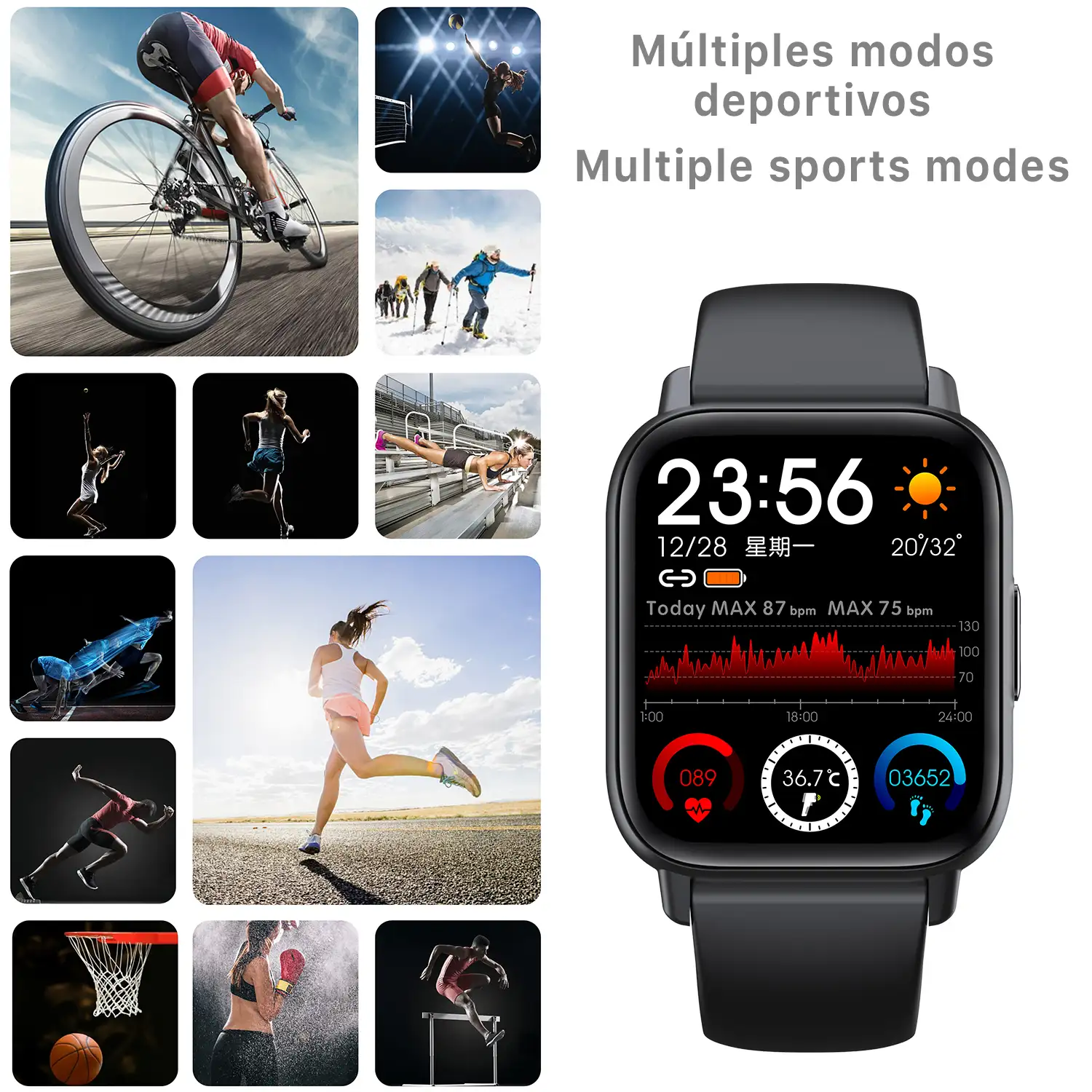 Smartwatch QS16 con termómetro corporal, monitor de tensión y O2. 24 modos deportivos, notificaciones de apps.