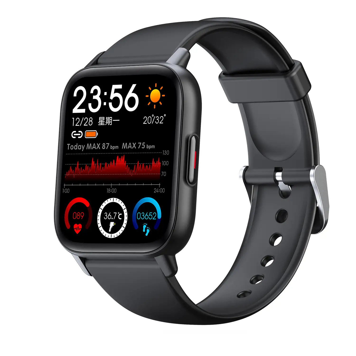 Smartwatch QS16 con termómetro corporal, monitor de tensión y O2. 24 modos deportivos, notificaciones de apps.