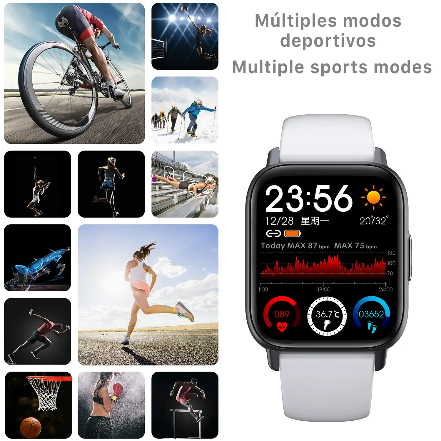 Smartwatch QS16 con termómetro corporal, monitor de tensión y O2. 24 modos deportivos, notificaciones de apps.