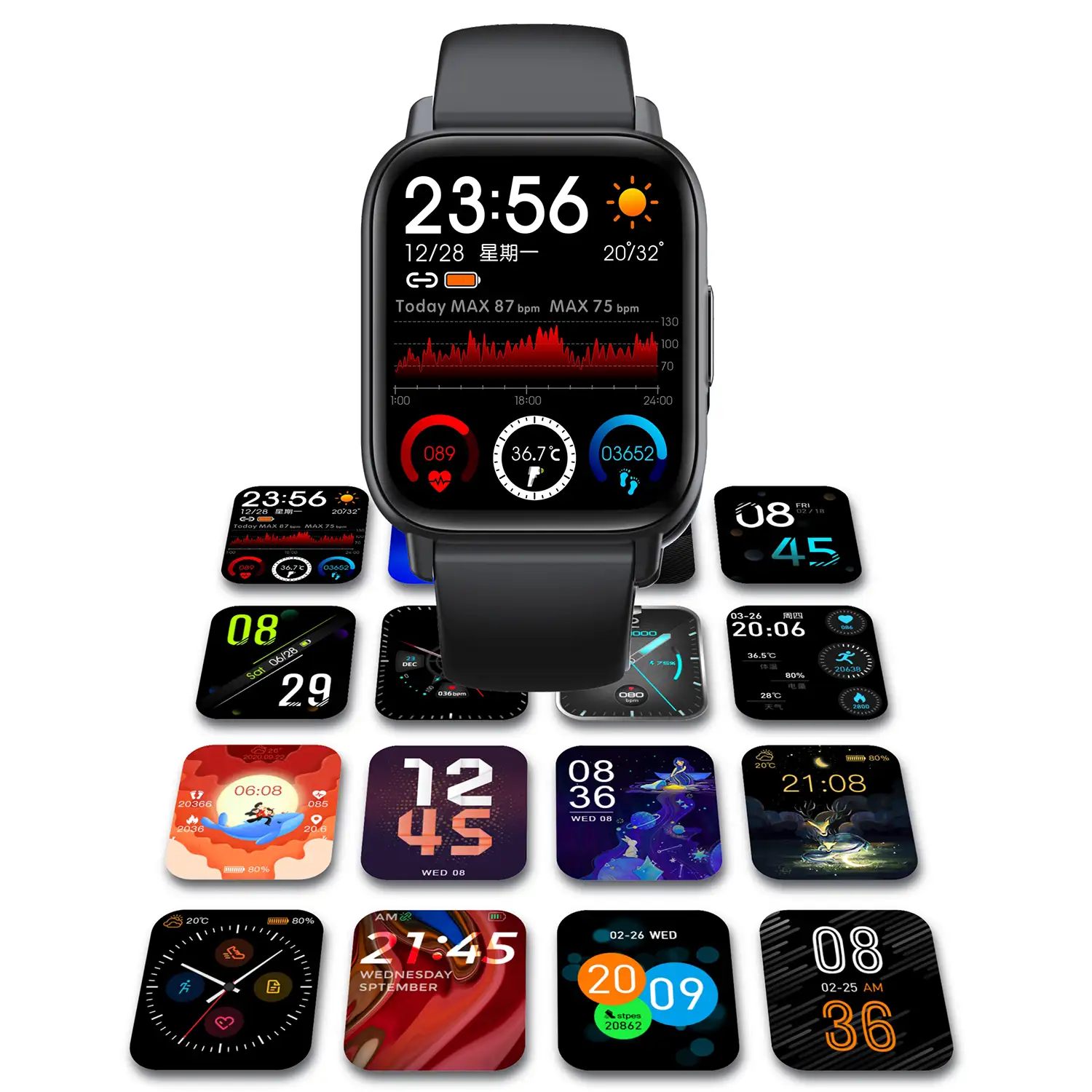 Smartwatch QS16 con termómetro corporal, monitor de tensión y O2. 24 modos deportivos, notificaciones de apps.