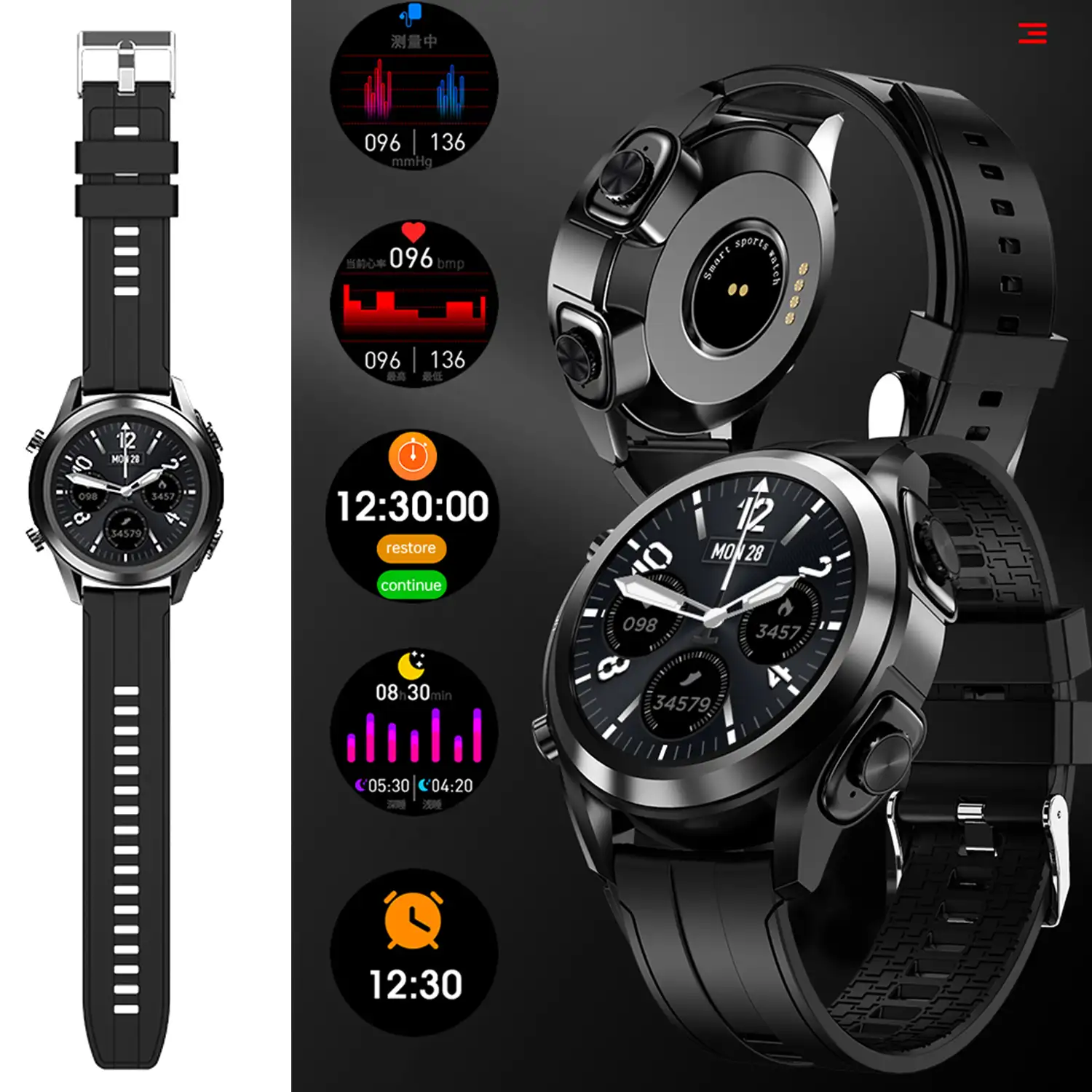 Smartwatch T10 con auriculares TWS integrados. Monitor de tensión y O2 en sangre. Notificaciones de Apps.