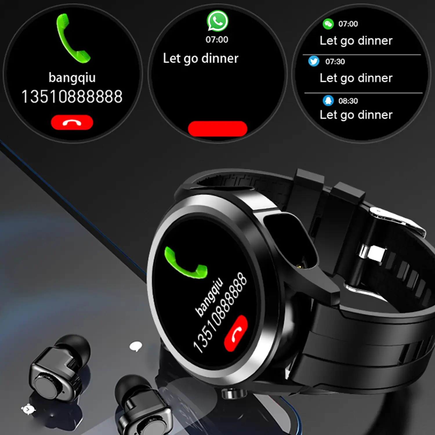 Smartwatch T10 con auriculares TWS integrados. Monitor de tensión y O2 en sangre. Notificaciones de Apps.