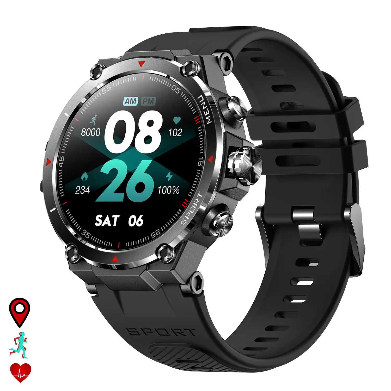 Smartwatch HM03 de grado militar, con GPS de triple posicionamiento. Monitor cardiaco y de O2. Notificaciones de apps.