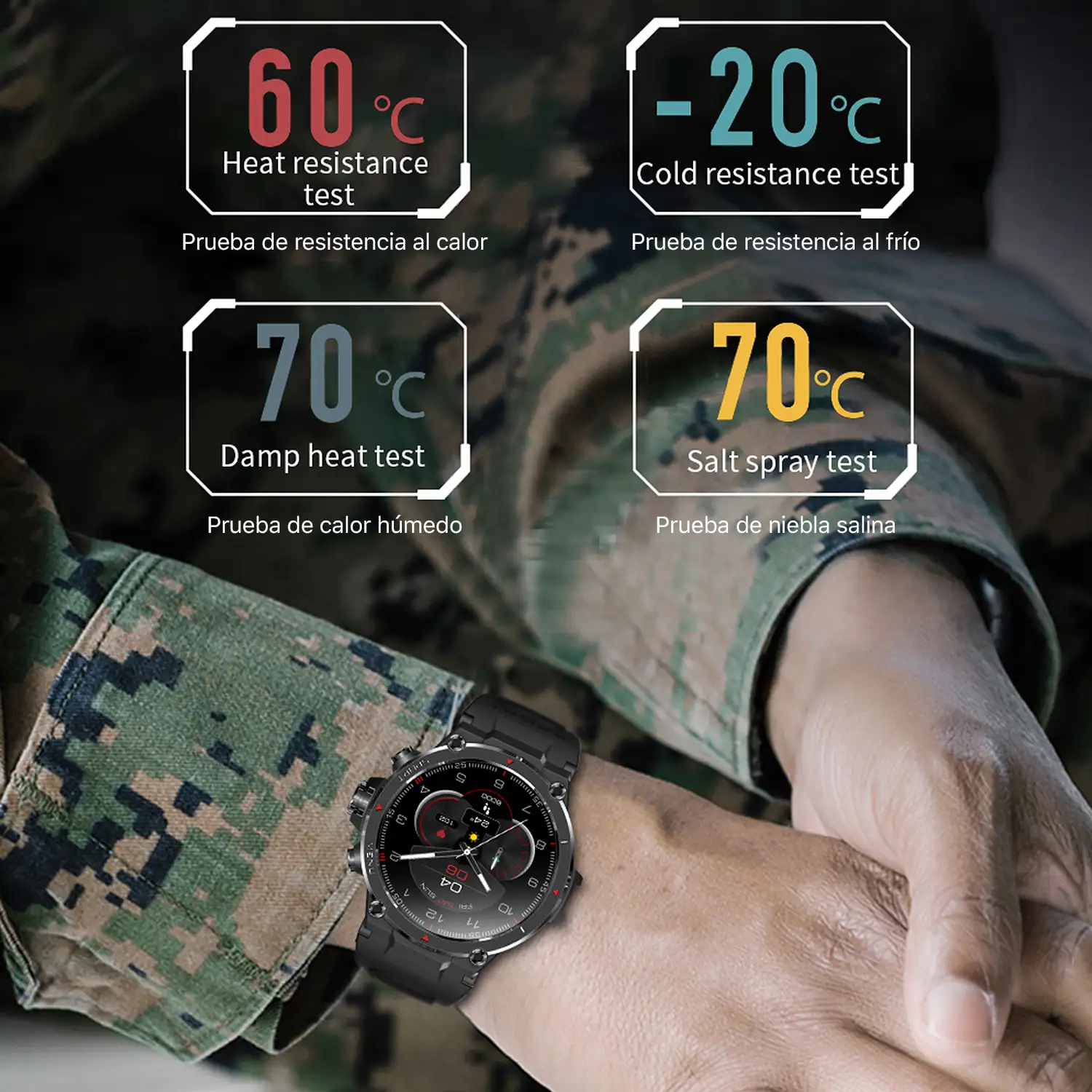 Smartwatch HM03 de grado militar, con GPS de triple posicionamiento. Monitor cardiaco y de O2. Notificaciones de apps.