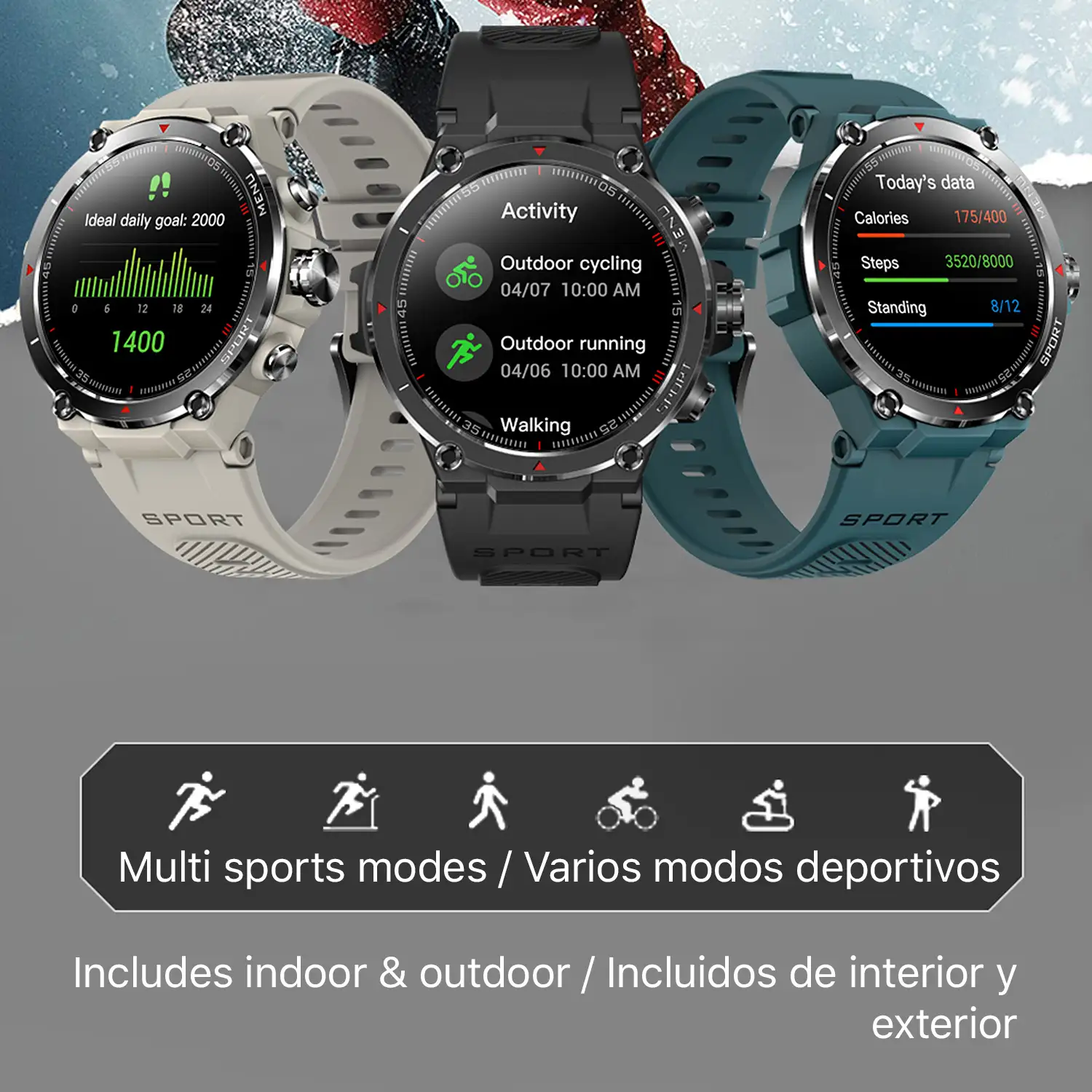 Smartwatch HM03 de grado militar, con GPS de triple posicionamiento. Monitor cardiaco y de O2. Notificaciones de apps.