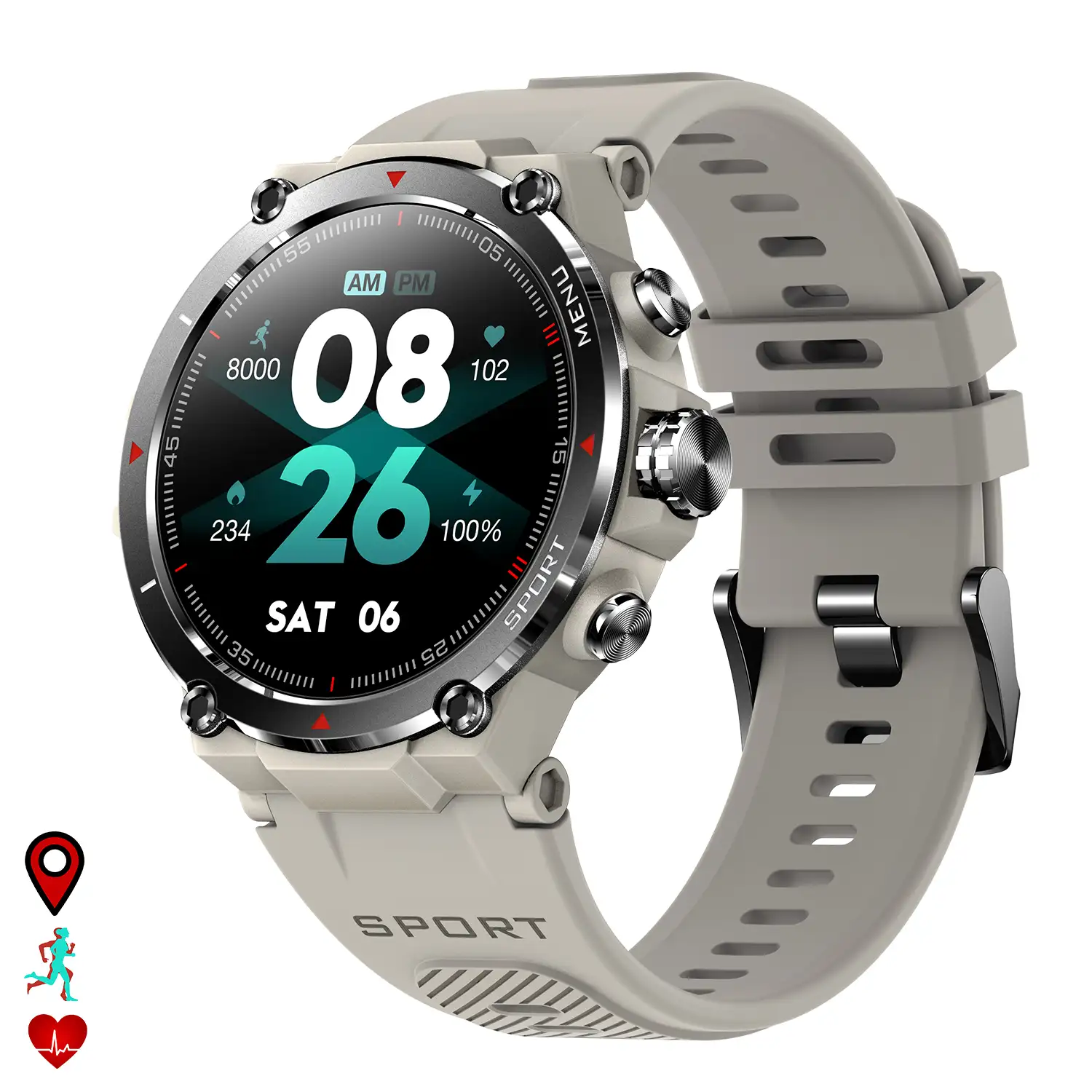 Smartwatch HM03 de grado militar, con GPS de triple posicionamiento. Monitor cardiaco y de O2. Notificaciones de apps.