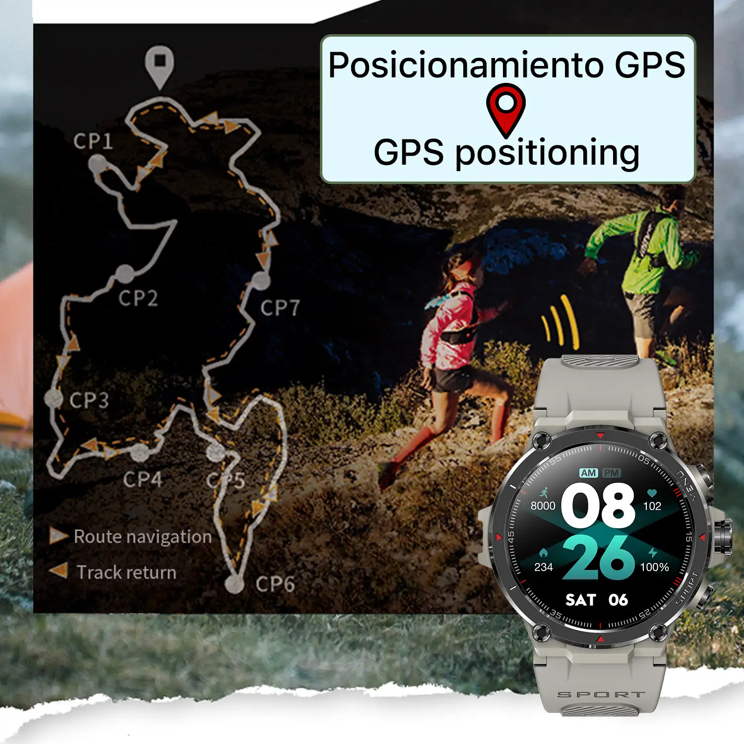 Smartwatch HM03 de grado militar, con GPS de triple posicionamiento. Monitor cardiaco y de O2. Notificaciones de apps.
