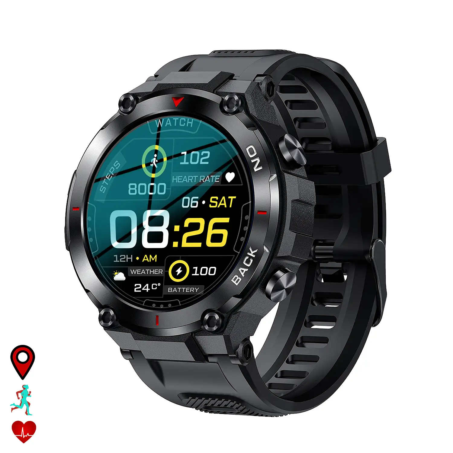 Smartwatch K37 con batería de 480mAh de larga duración. Monitor cardiaco y de O2. Notificaciones de apps.