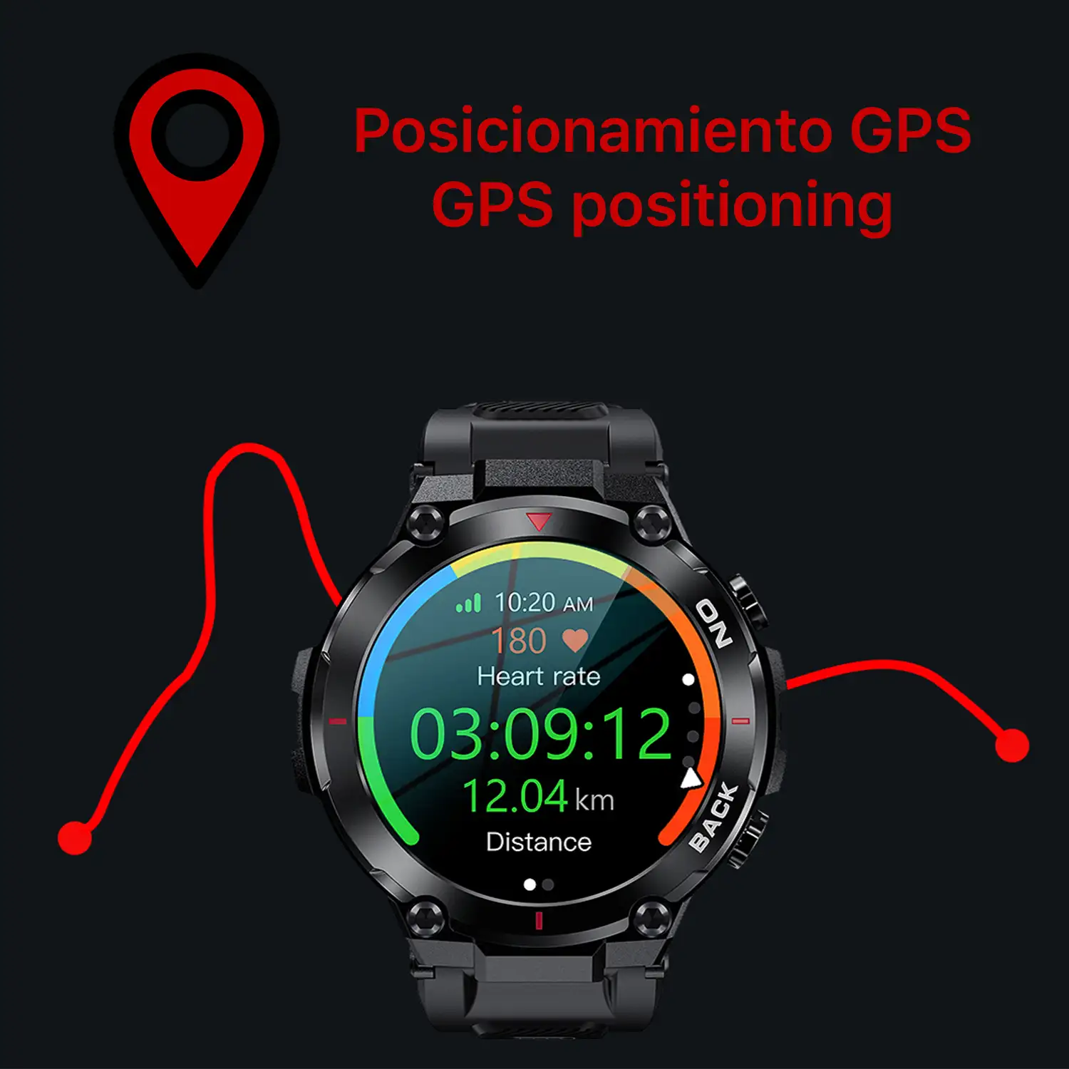 Smartwatch K37 con batería de 480mAh de larga duración. Monitor cardiaco y de O2. Notificaciones de apps.