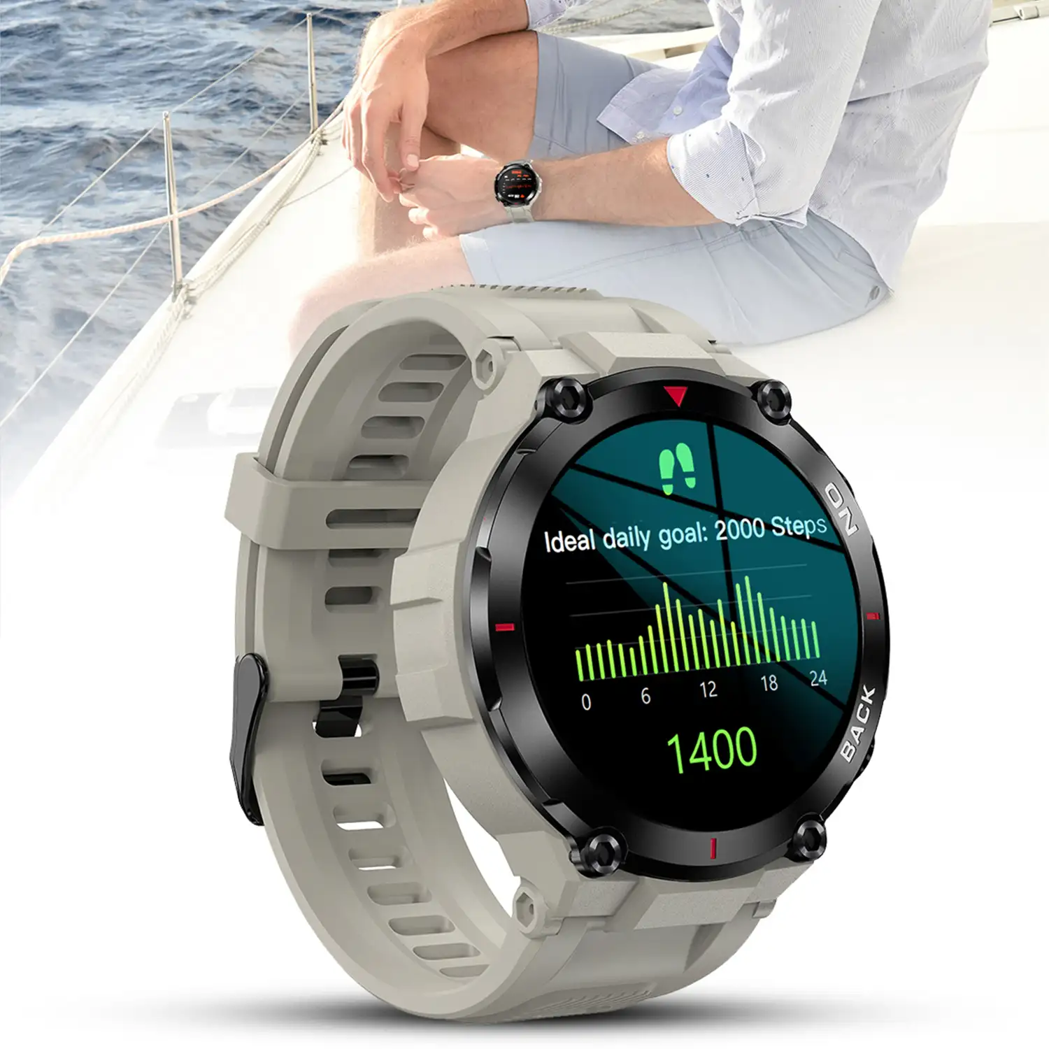 Smartwatch K37 con batería de 480mAh de larga duración. Monitor cardiaco y de O2. Notificaciones de apps.
