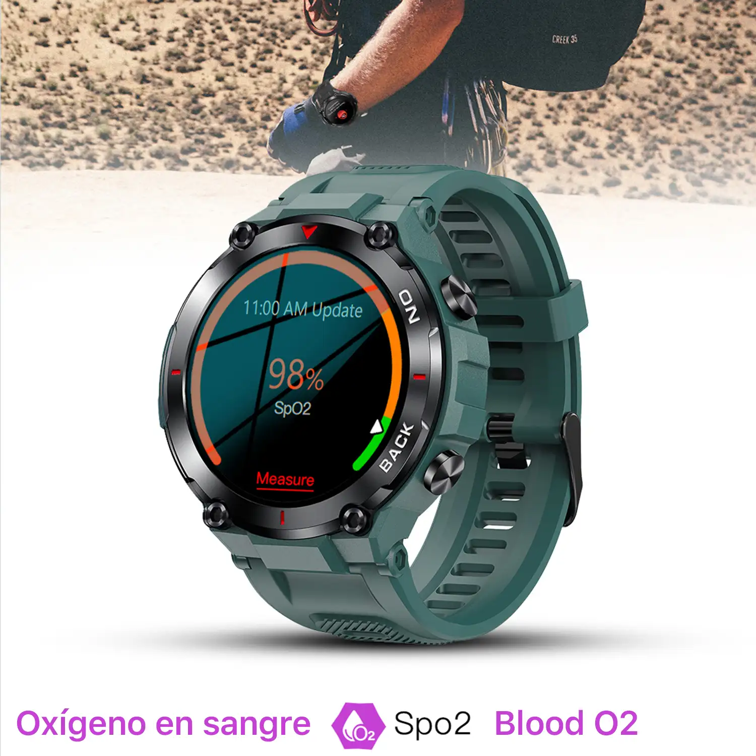 Smartwatch K37 con batería de 480mAh de larga duración. Monitor cardiaco y de O2. Notificaciones de apps.