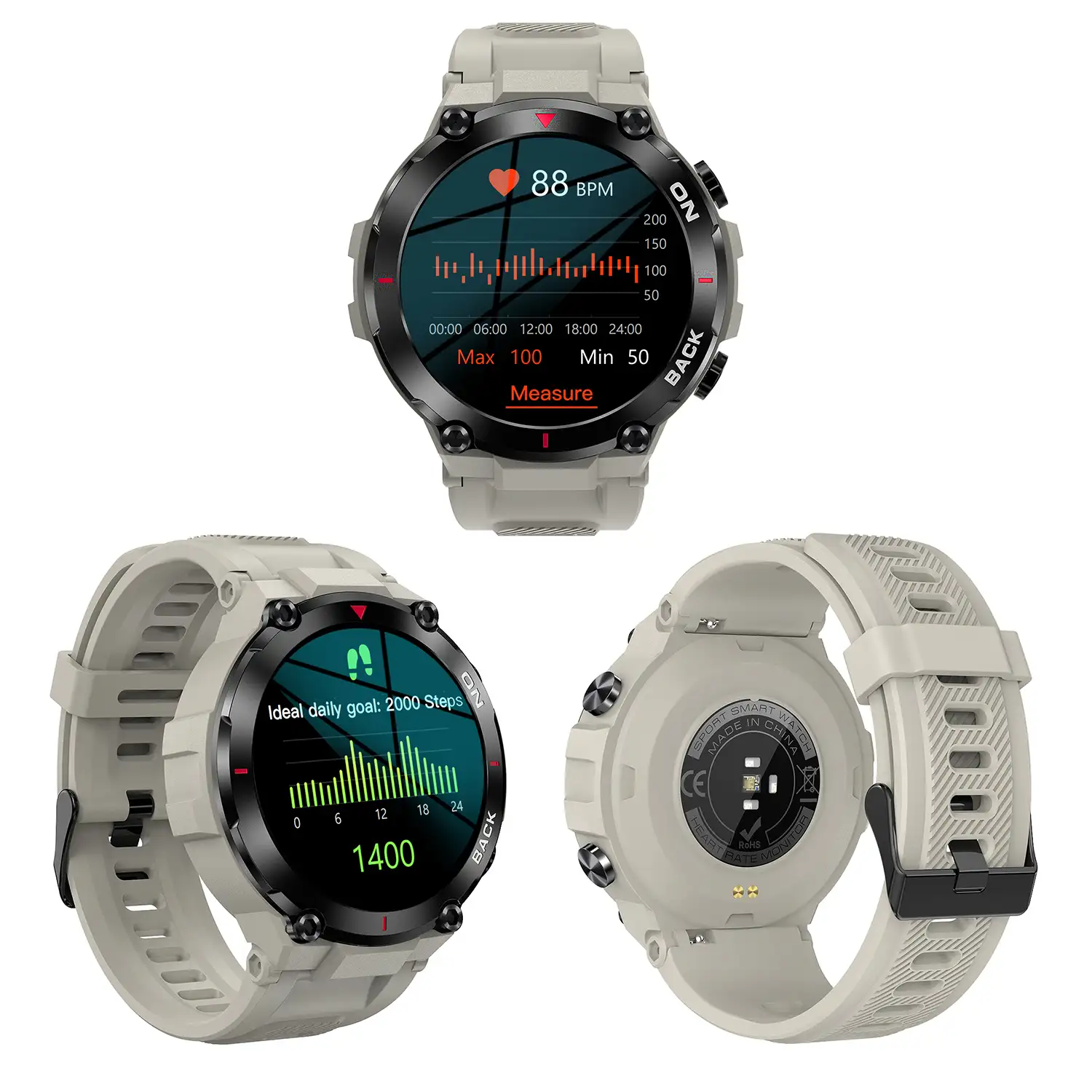 Smartwatch K37 con batería de 480mAh de larga duración. Monitor cardiaco y de O2. Notificaciones de apps.