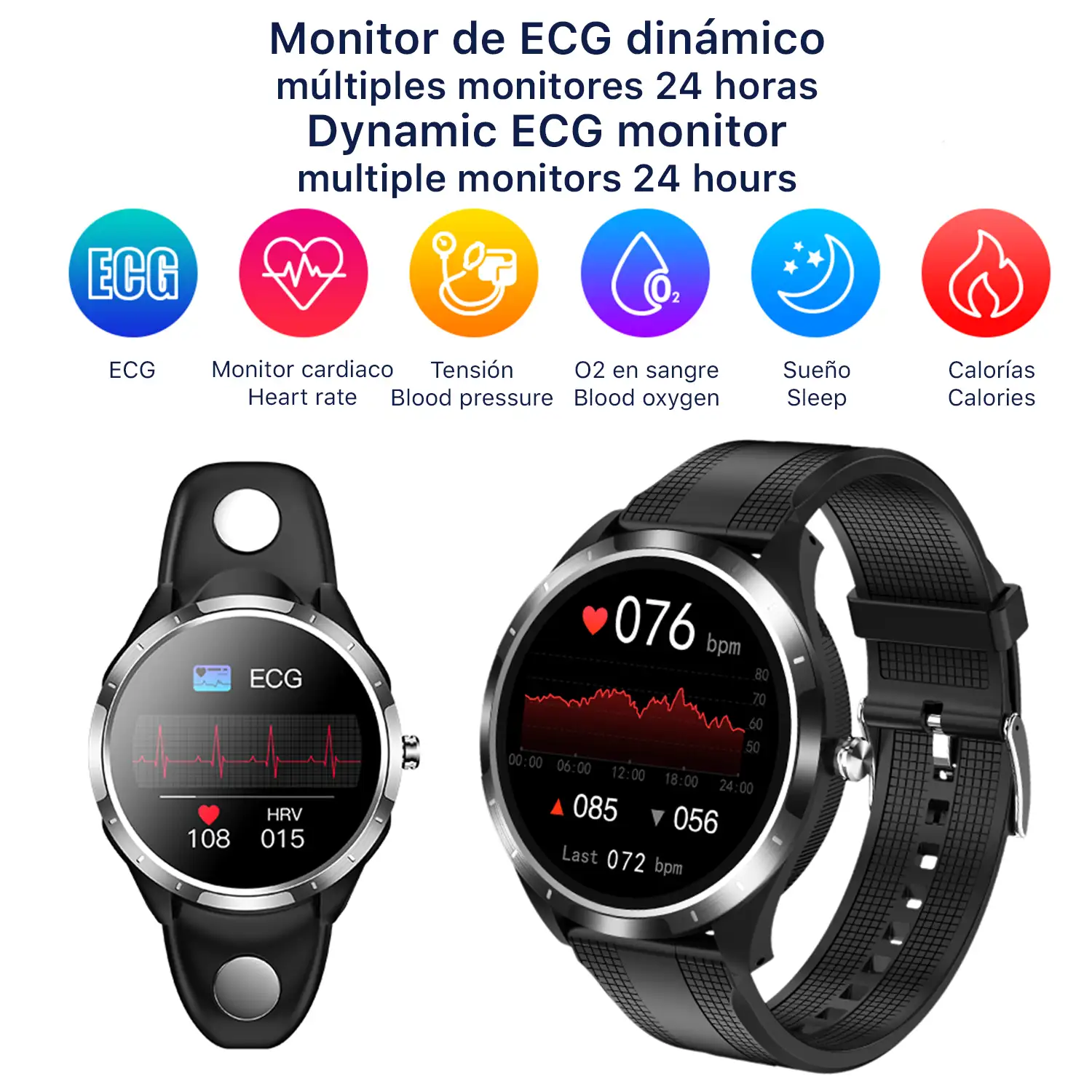 Smartwatch X3 con monitor de tensión y O2 en sangre. Incluye banda para pecho. Informe VFC y ECG 24 horas.