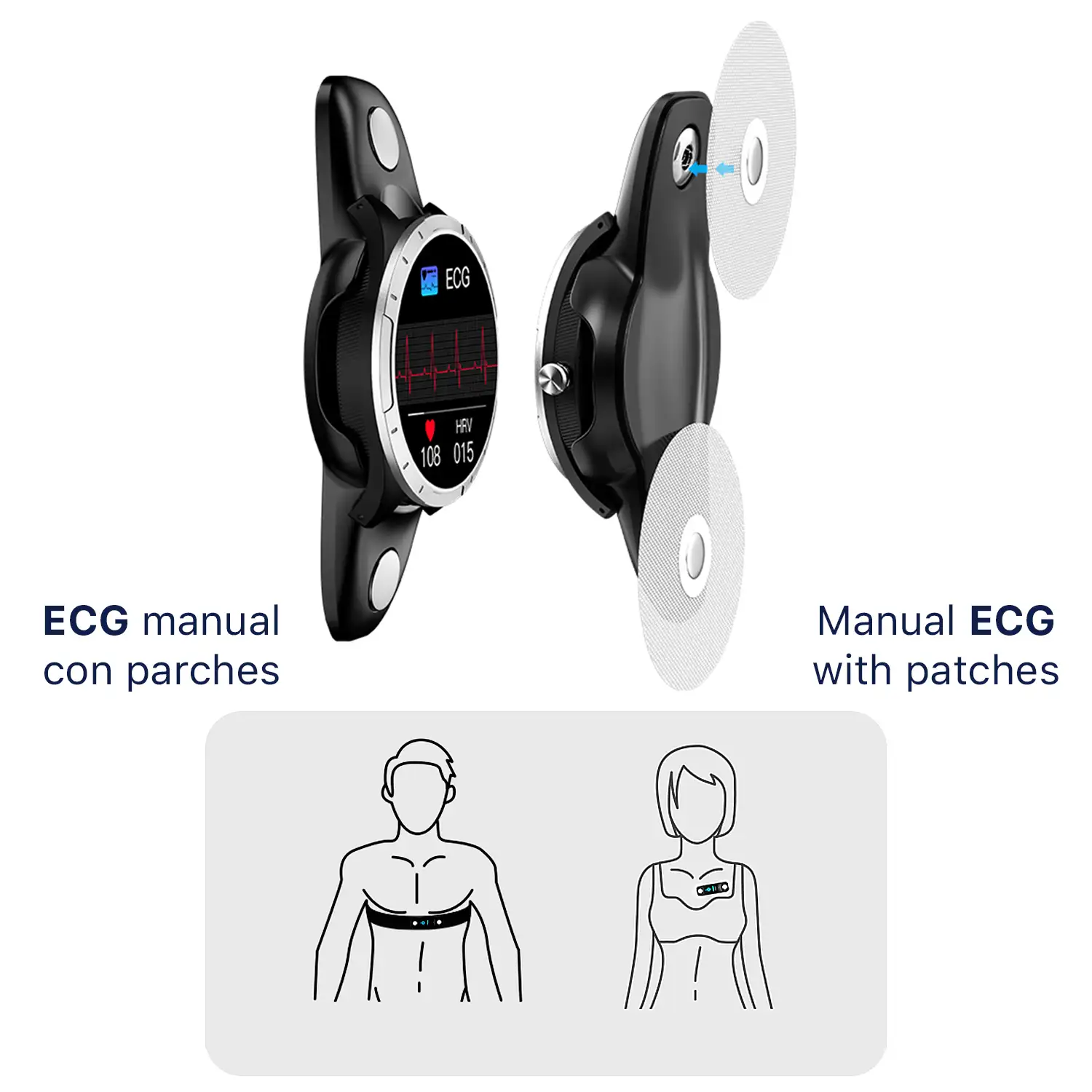 Smartwatch X3 con monitor de tensión y O2 en sangre. Incluye banda para pecho. Informe VFC y ECG 24 horas.