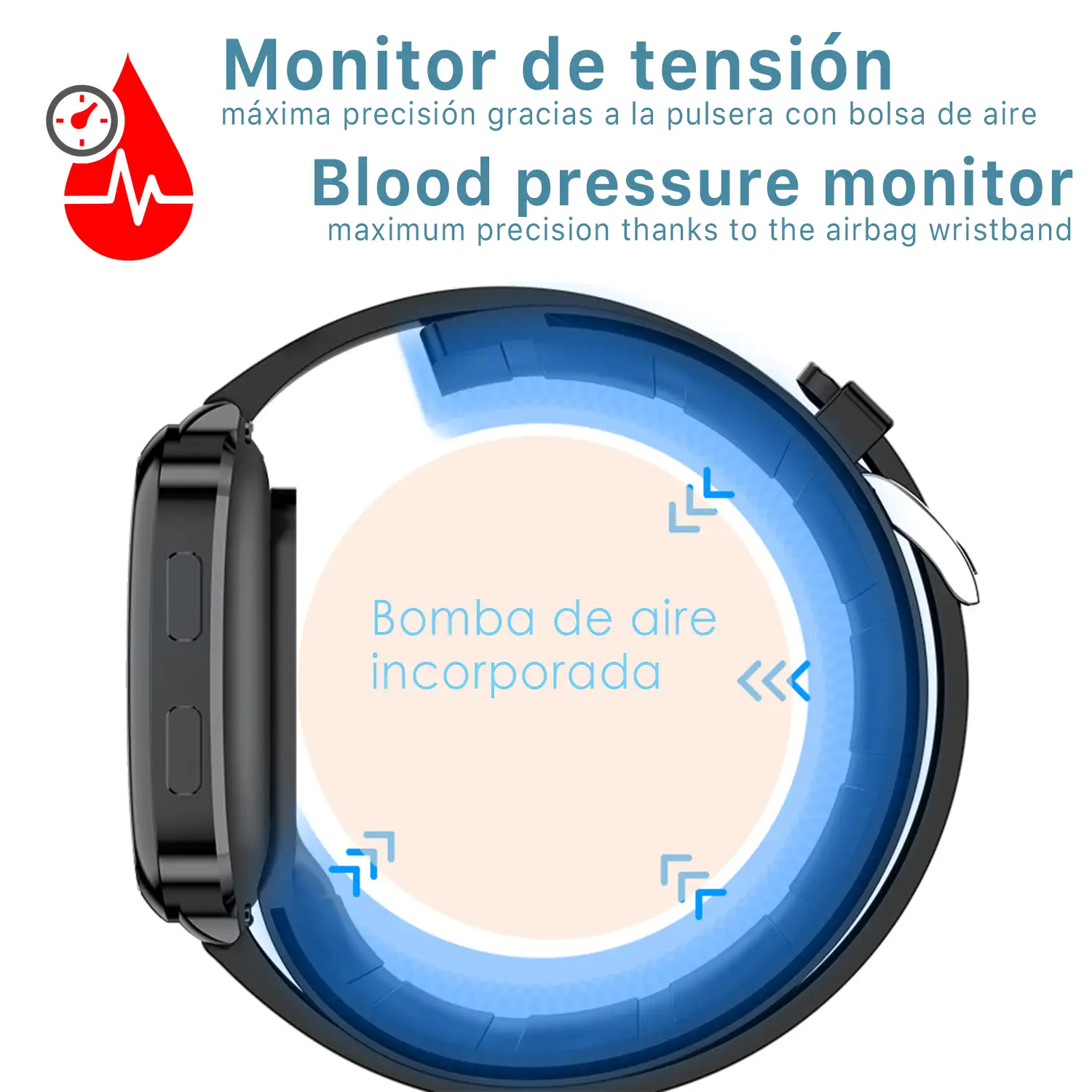 Smartwatch P60 con bomba de aire y balón prueba de presión arterial real. Termómetro corporal, frecuencia respiratoria.