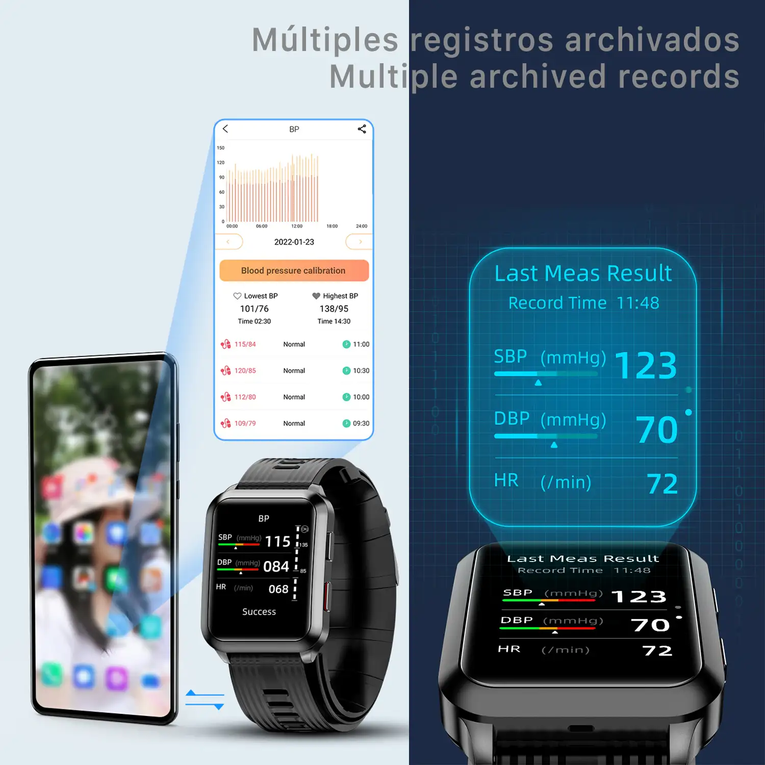 Smartwatch P60 con bomba de aire y balón prueba de presión arterial real. Termómetro corporal, frecuencia respiratoria.