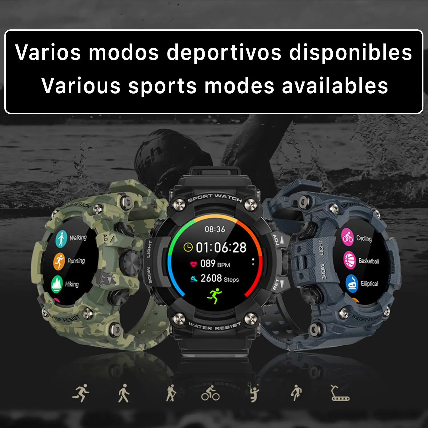 Smartwatch T6 con carcasa de alta resistencia. Monitor cardiaco dinámico, varios modos deportivos e informacion meteorológica.