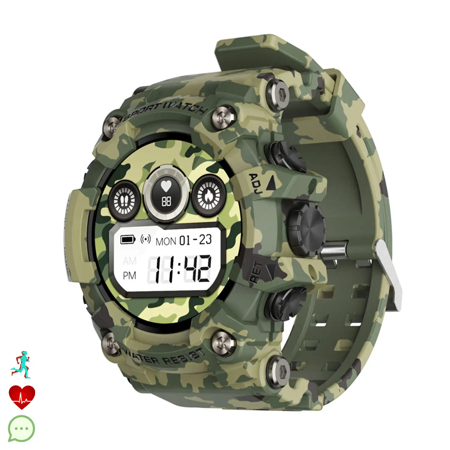 Smartwatch T6 con carcasa de alta resistencia. Monitor cardiaco dinámico, varios modos deportivos e informacion meteorológica.