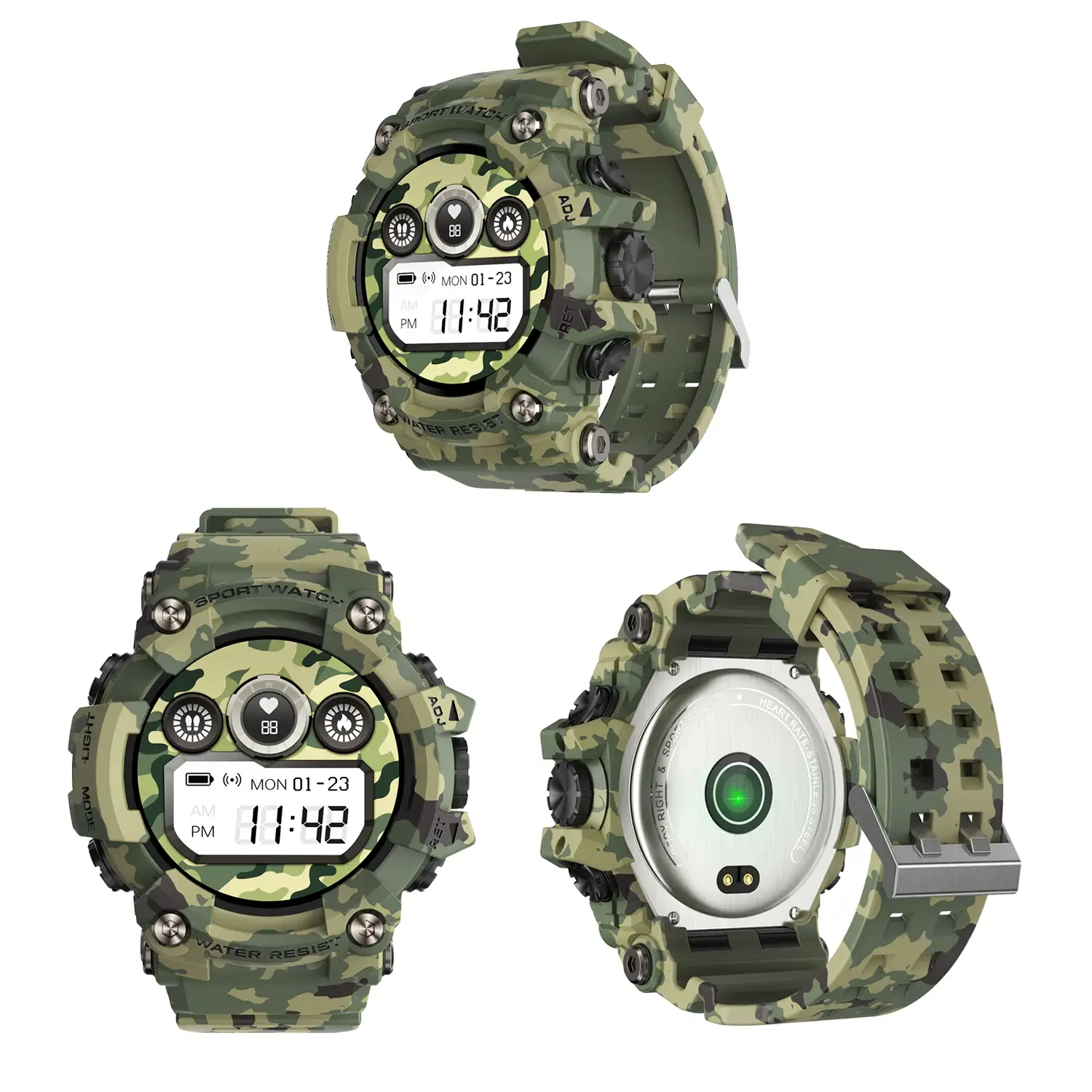 Smartwatch T6 con carcasa de alta resistencia. Monitor cardiaco dinámico, varios modos deportivos e informacion meteorológica.