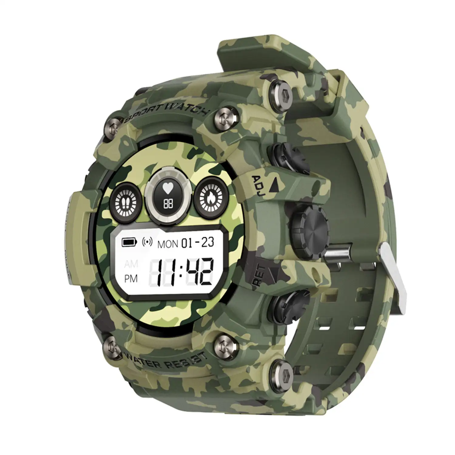 Smartwatch T6 con carcasa de alta resistencia. Monitor cardiaco dinámico, varios modos deportivos e informacion meteorológica.