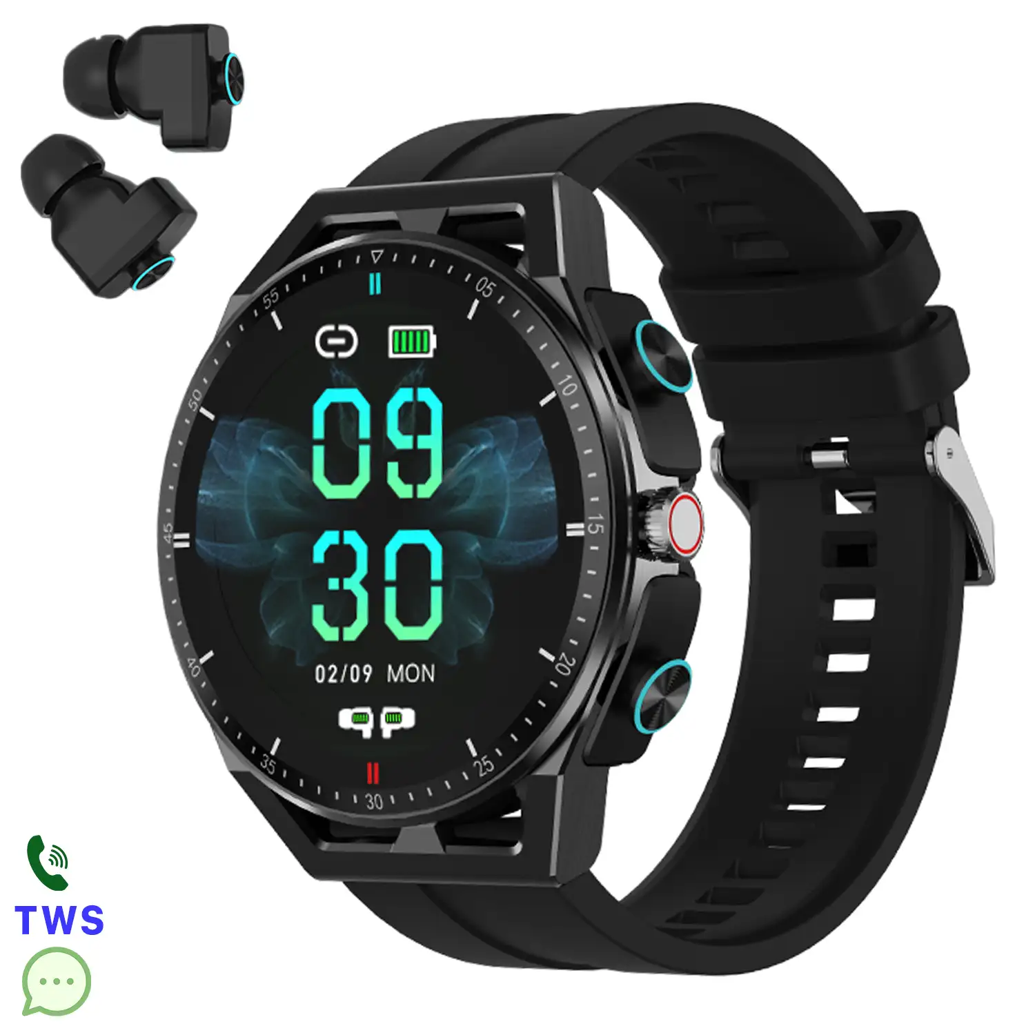 Smartwatch T120 con auriculares TWS integrados. Monitor cardiaco, de tensión y O2 en sangre, varios modos deportivos.